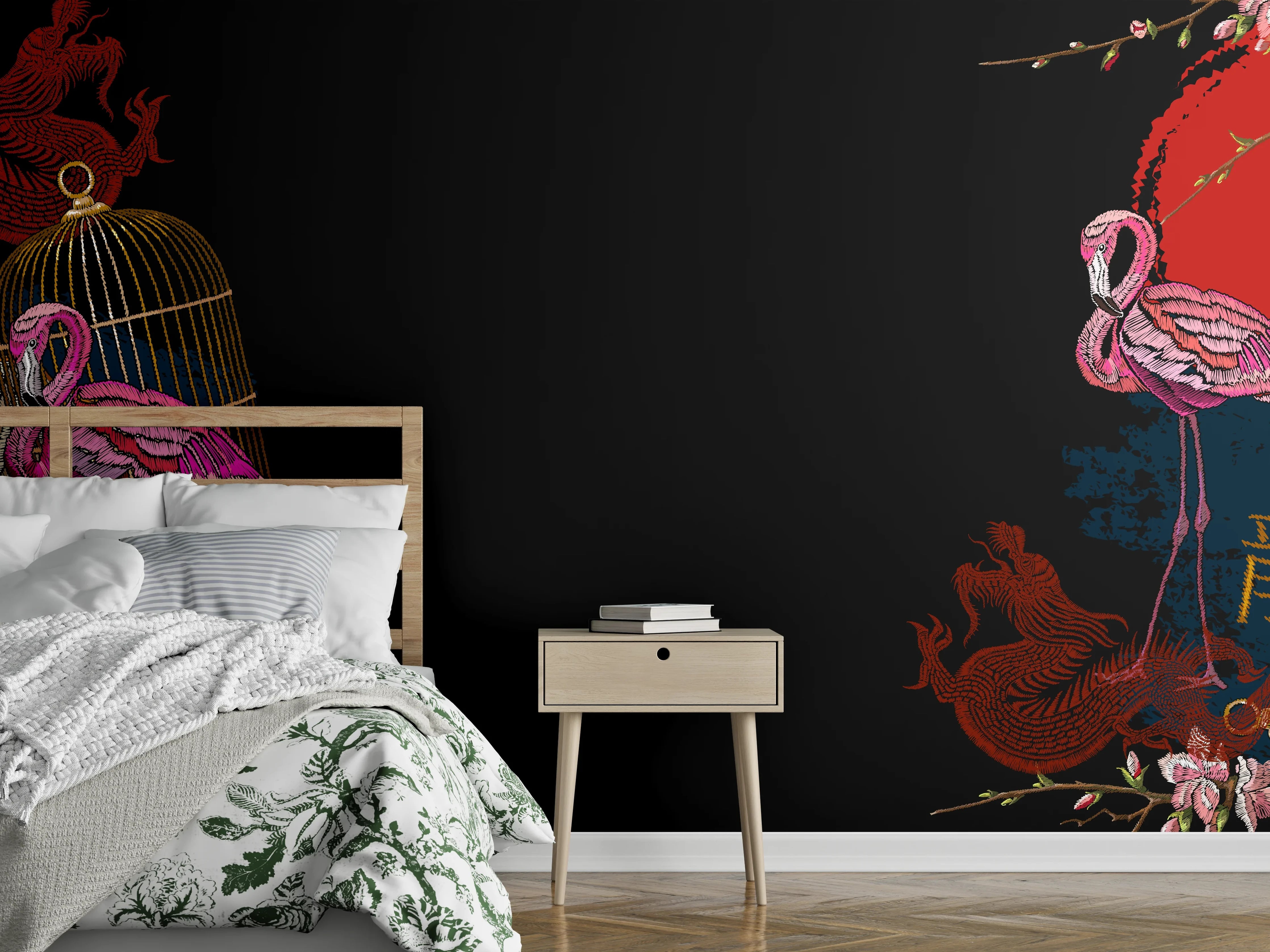 Wandverkleidung Schlafzimmer - Drachen & Flamigos - Stickmuster