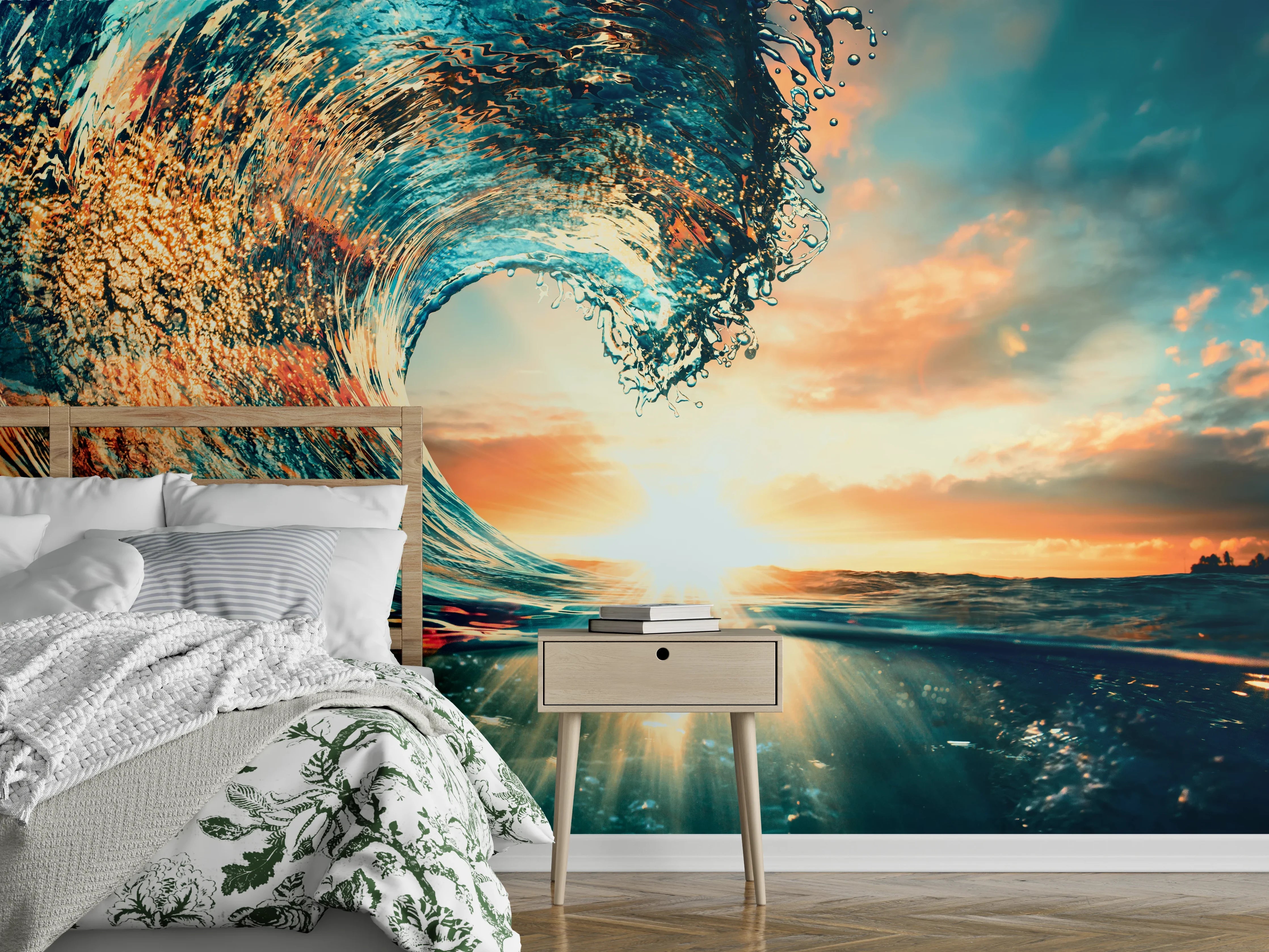 Wandverkleidung Schlafzimmer - Dramatische Welle bei Sonnenuntergang Fotokunst