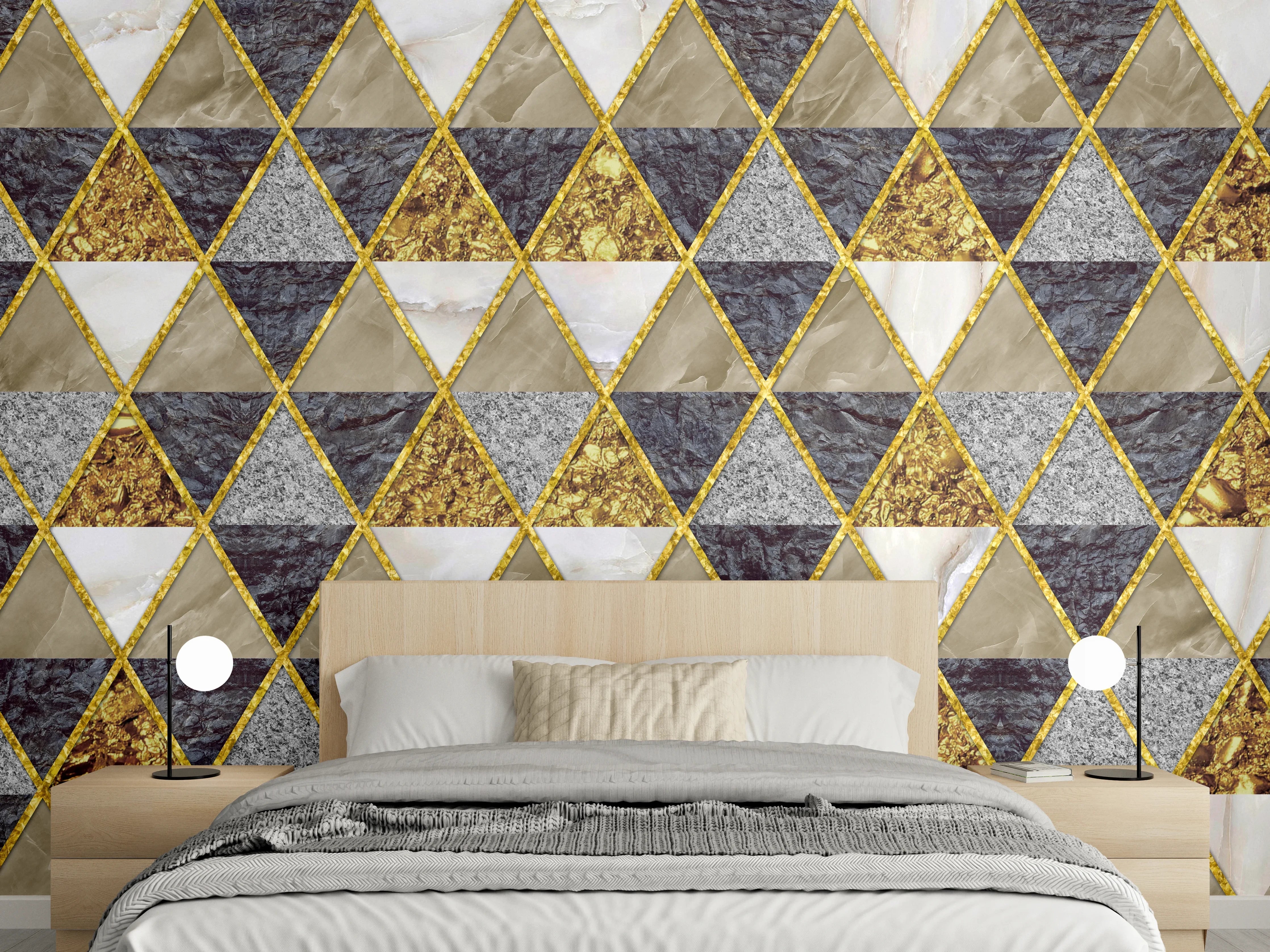 Wandverkleidung Schlafzimmer - Dreieck Marmor Gold Wanddekor
