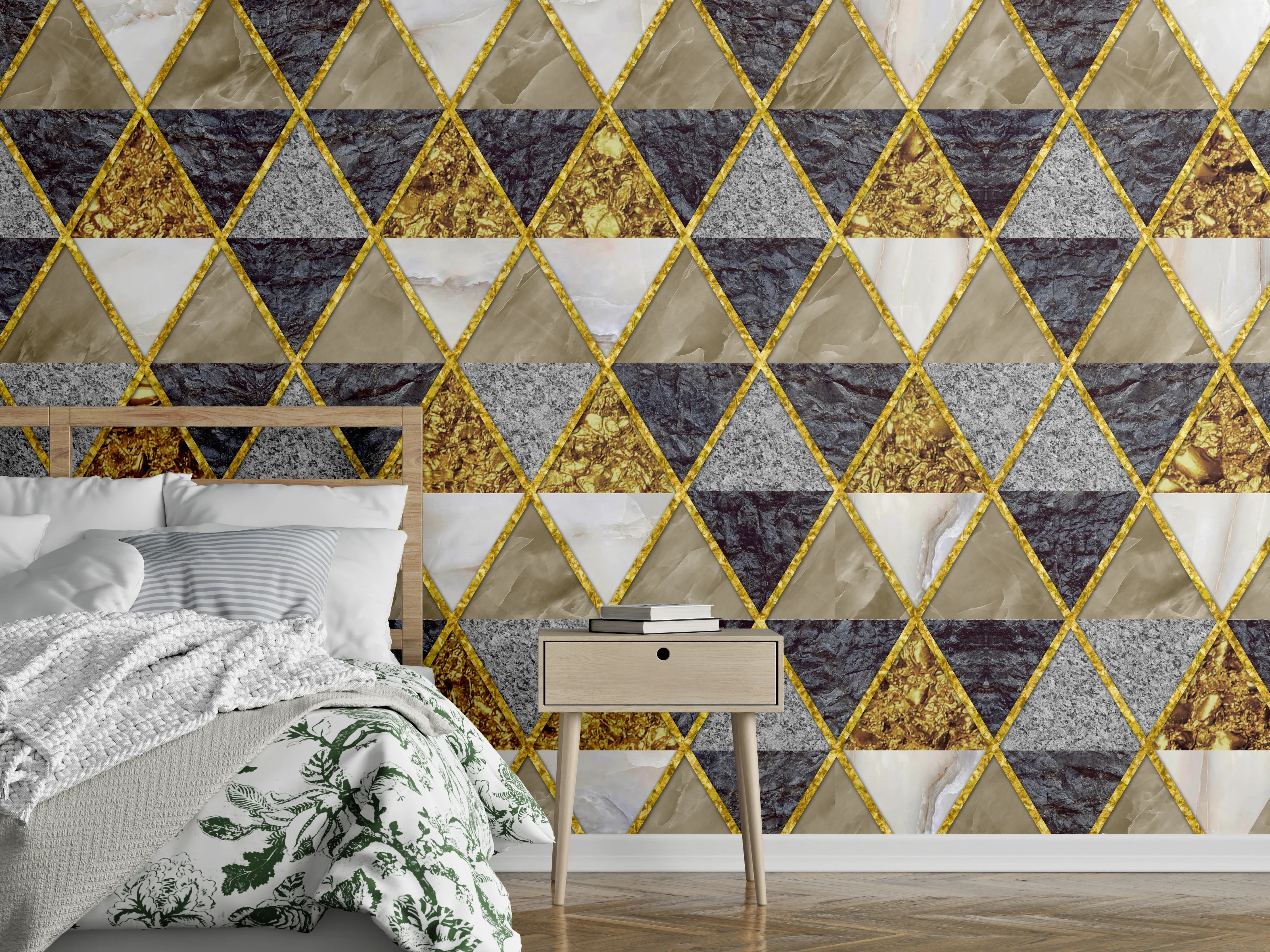 Wandverkleidung Schlafzimmer - Dreieck Marmor Gold Wanddekor