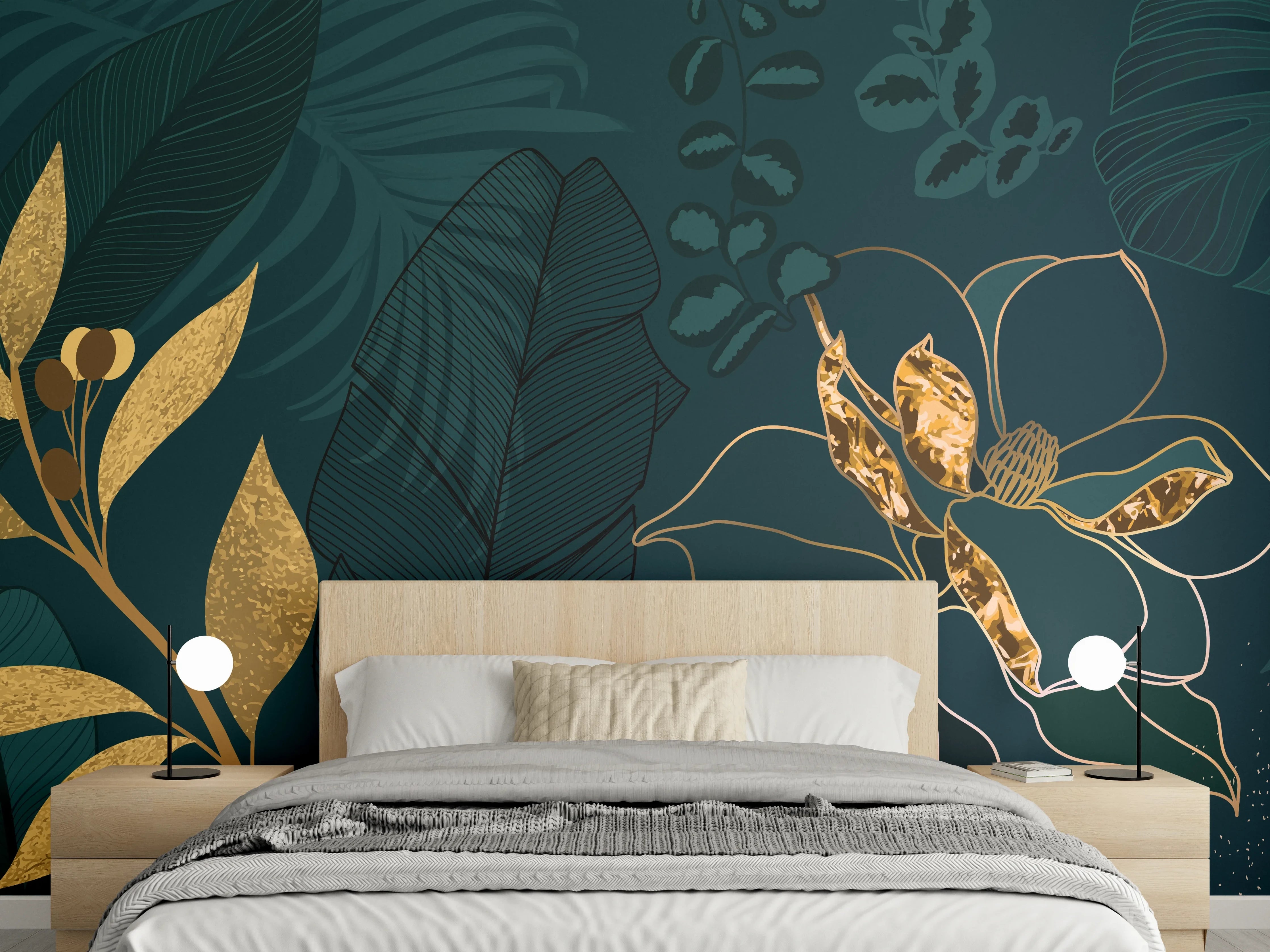 Wandverkleidung Schlafzimmer - Dschungel-Blatt-Gold-Linie