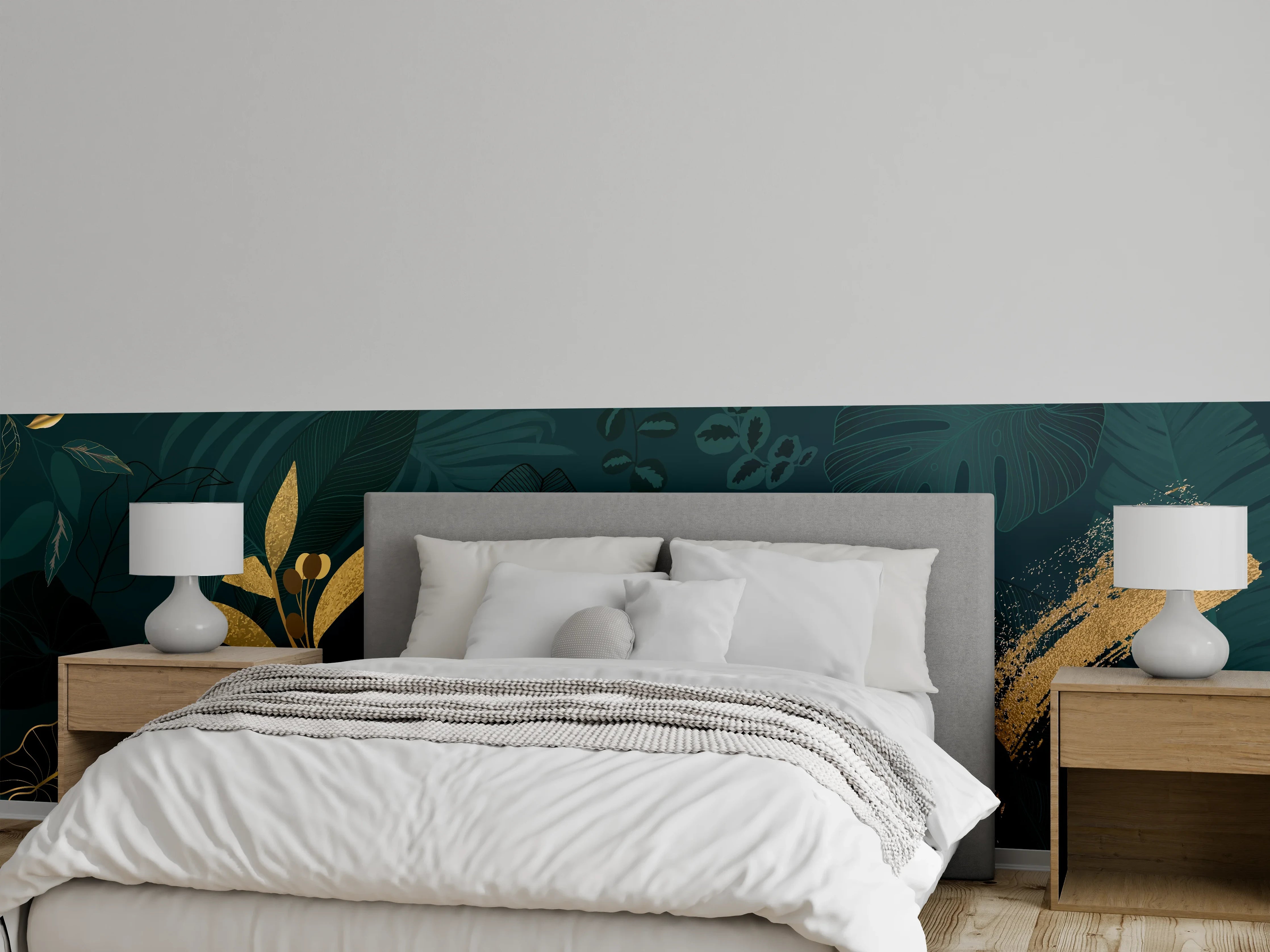 Wandverkleidung Schlafzimmer - Dschungel-Blatt-Gold-Linie