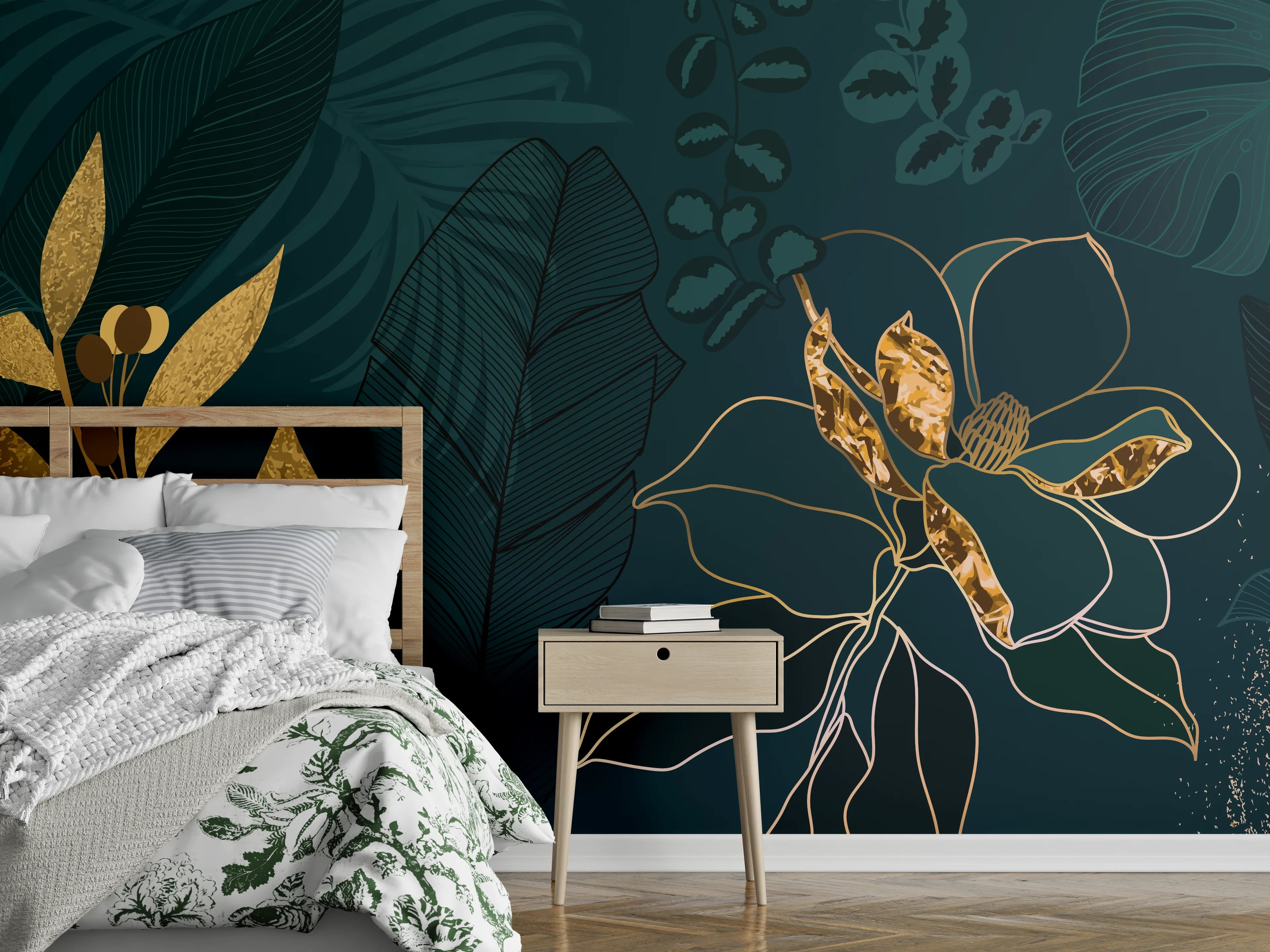 Wandverkleidung Schlafzimmer - Dschungel-Blatt-Gold-Linie