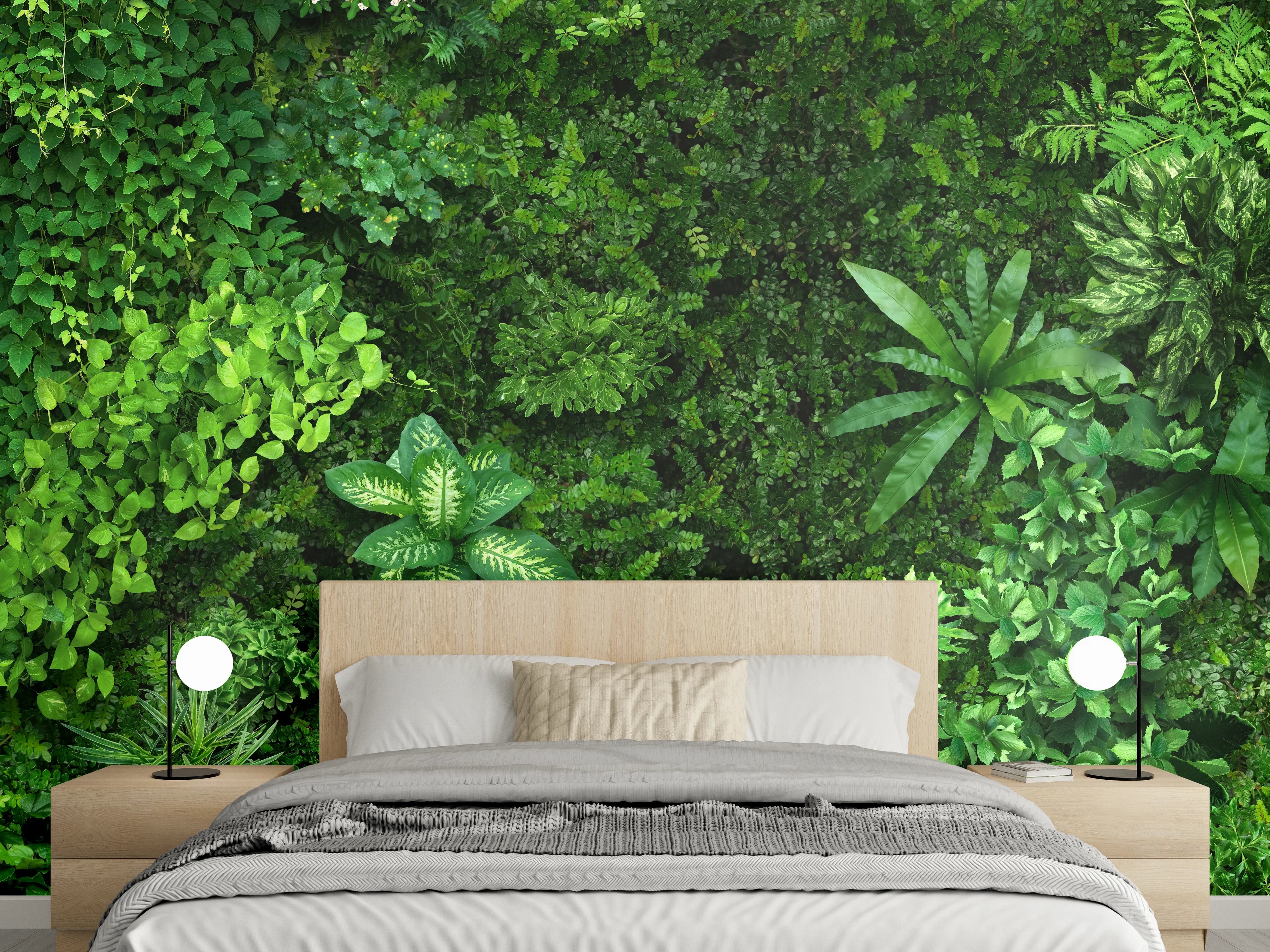 Wandverkleidung Schlafzimmer - Dschungel-Blattwerk grün Wanddeko