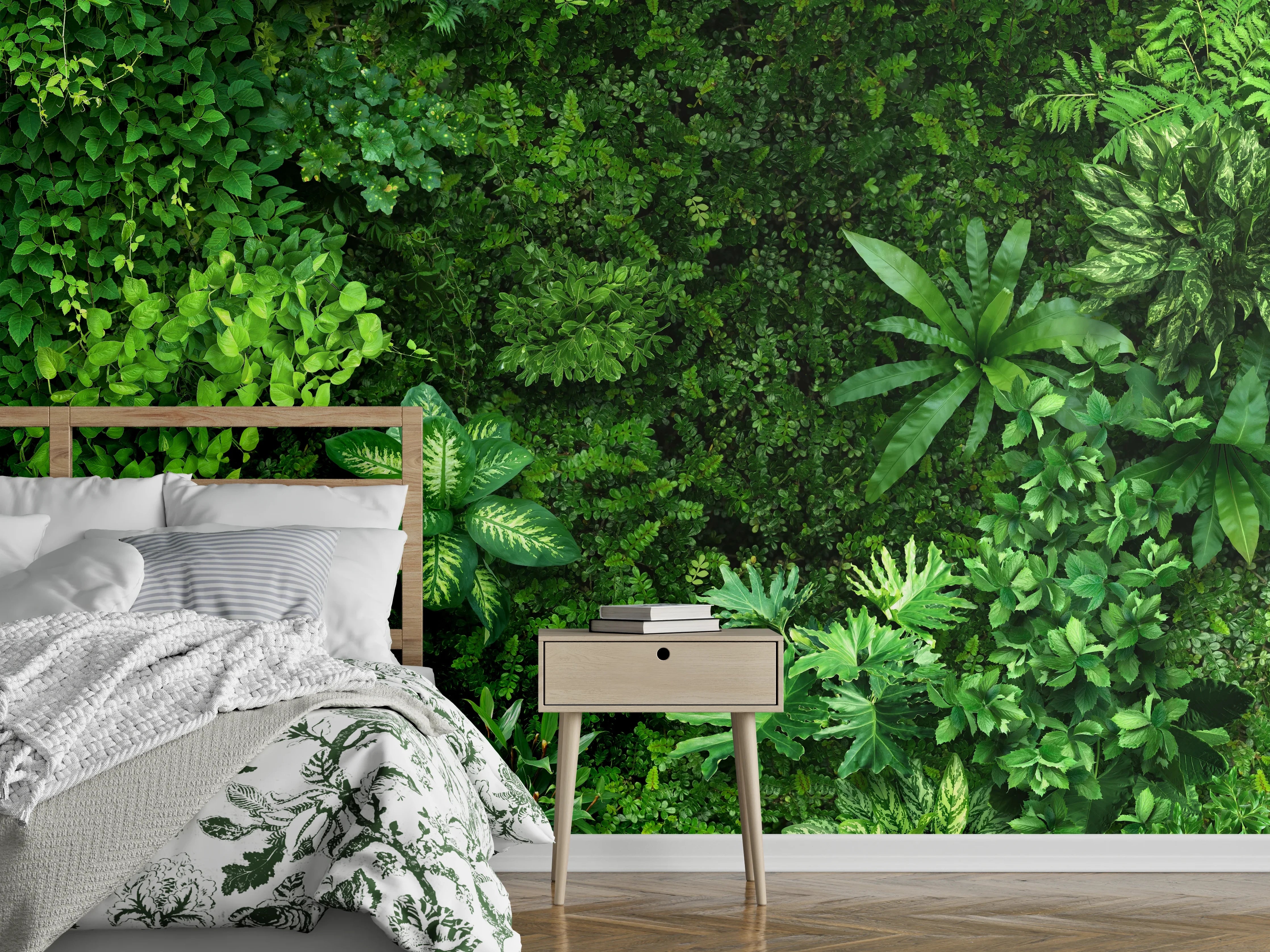 Wandverkleidung Schlafzimmer - Dschungel-Blattwerk grün Wanddeko