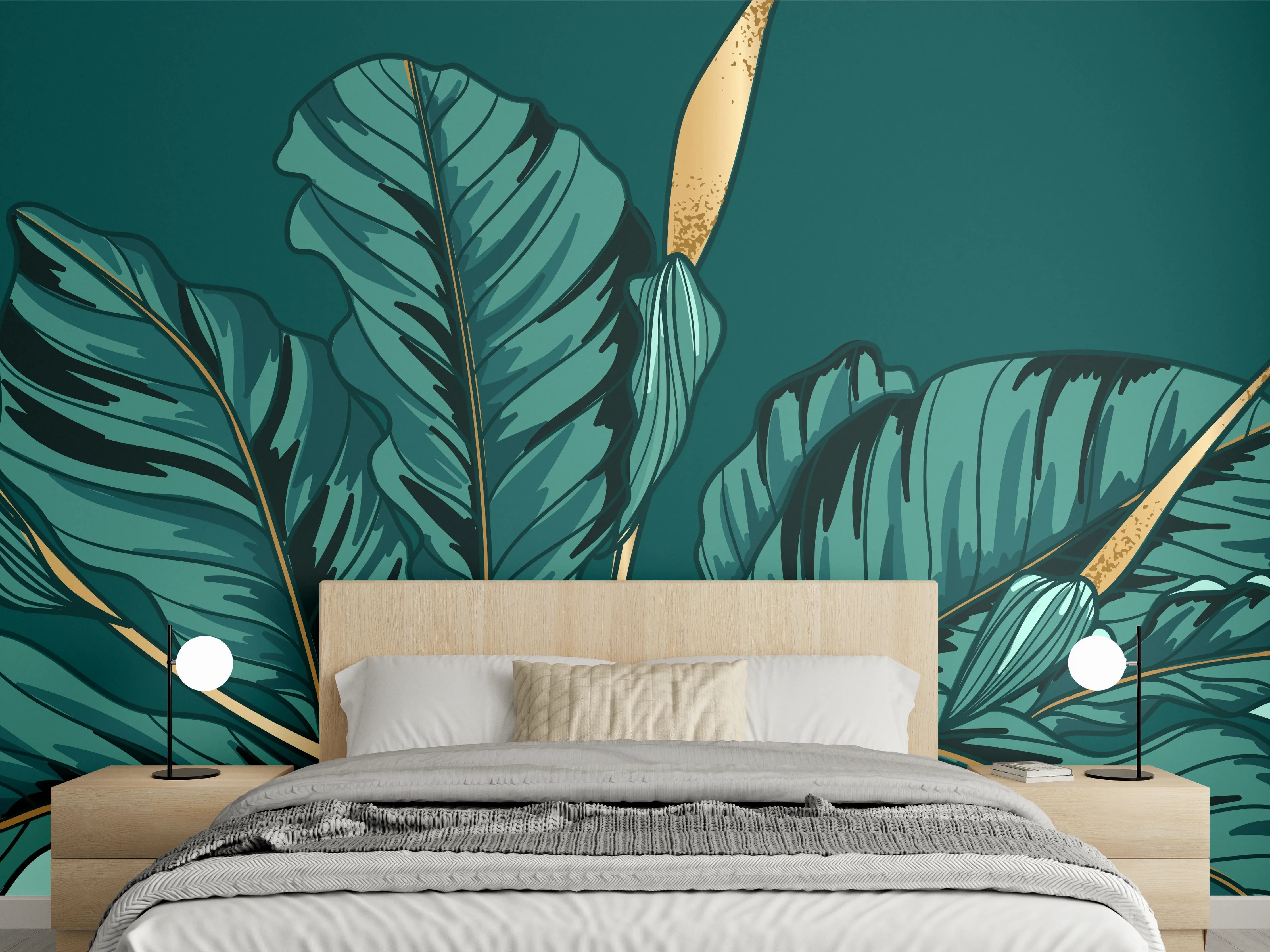 Wandverkleidung Schlafzimmer - Dschungel-Grün-Blatt-Design