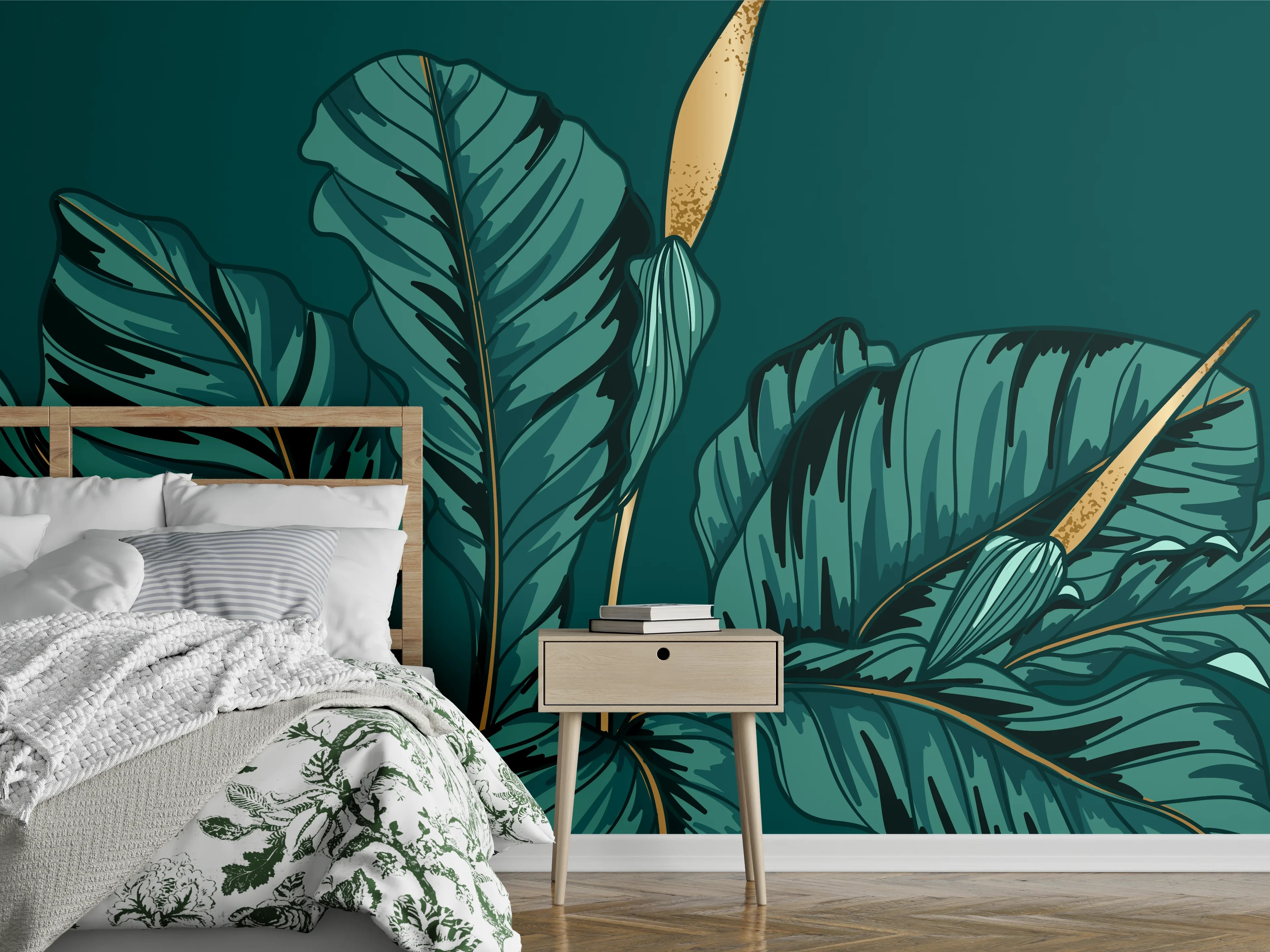 Wandverkleidung Schlafzimmer - Dschungel-Grün-Blatt-Design