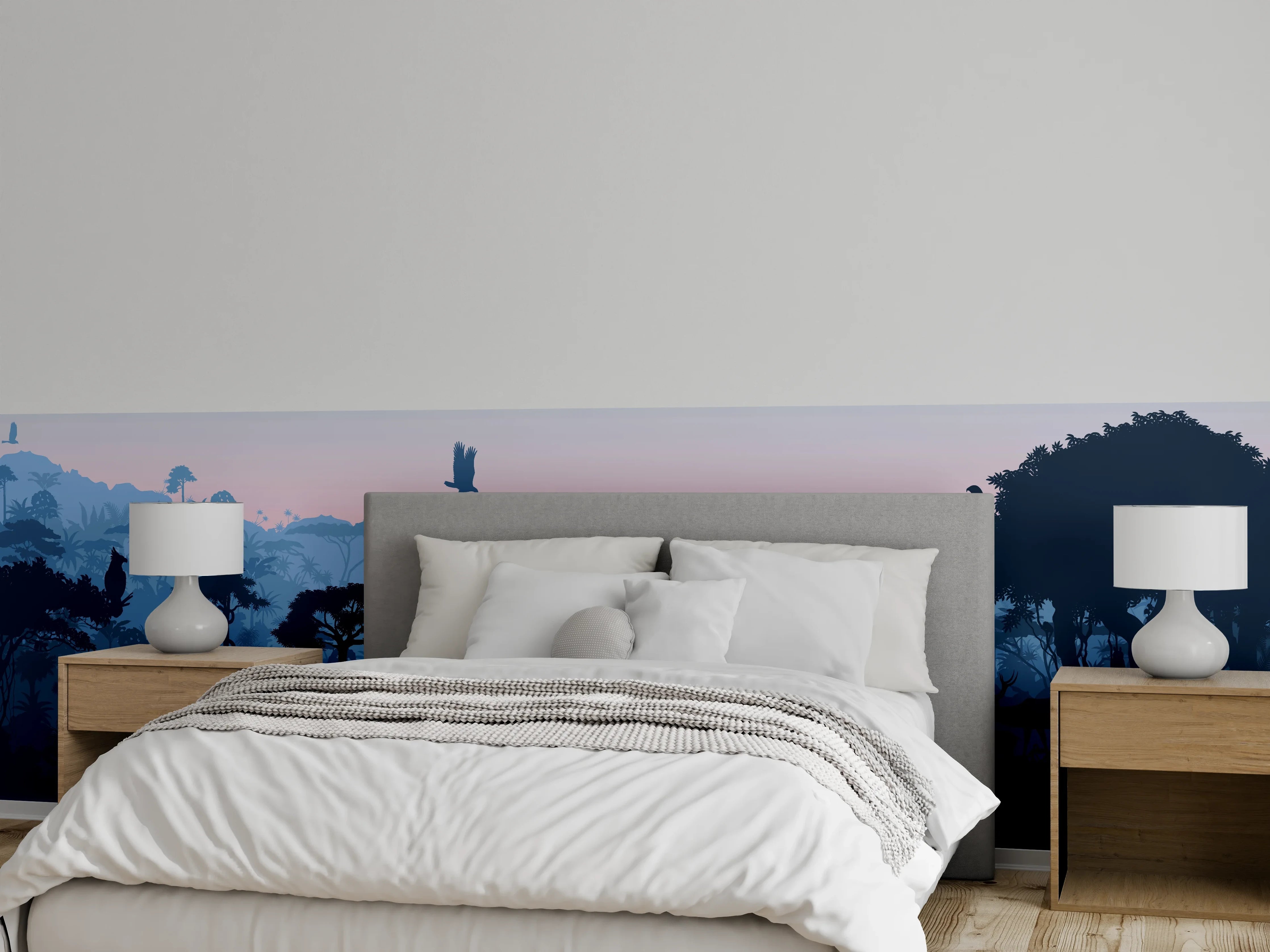 Wandverkleidung Schlafzimmer - Dschungel Silhouette bei Dämmerung