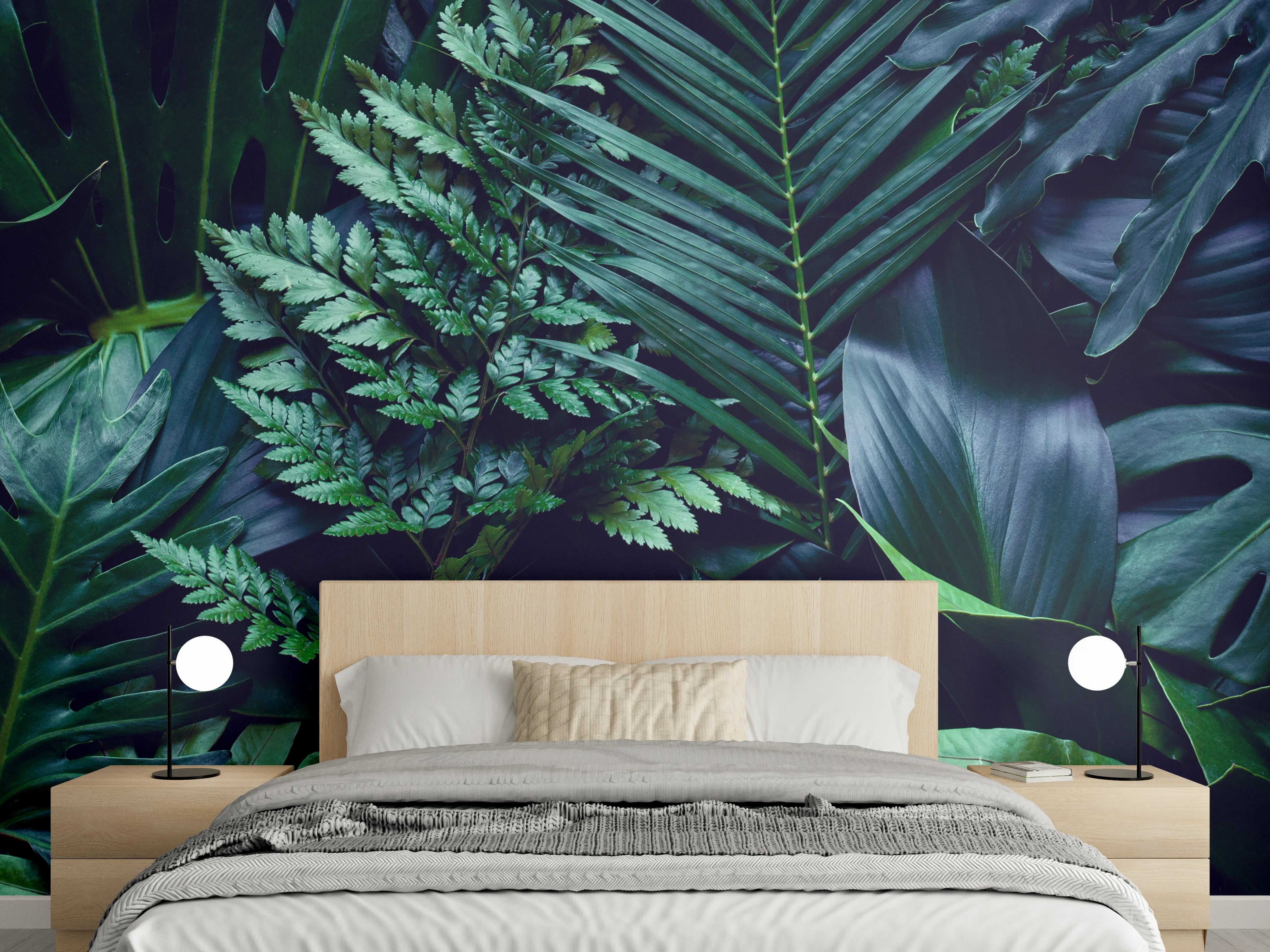 Wandverkleidung Schlafzimmer - Dschungelgrün mit tropischen Blättern