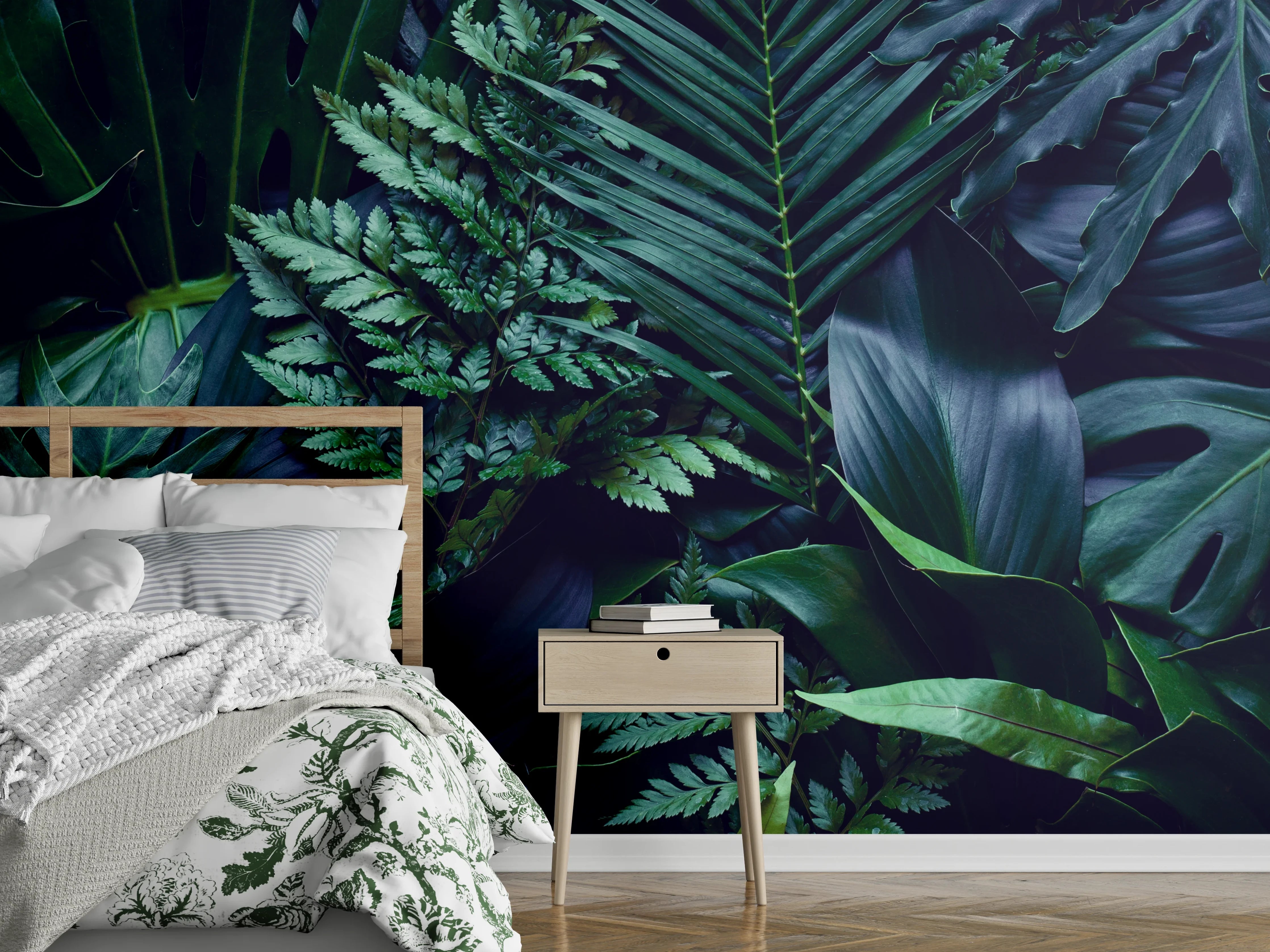 Wandverkleidung Schlafzimmer - Dschungelgrün mit tropischen Blättern