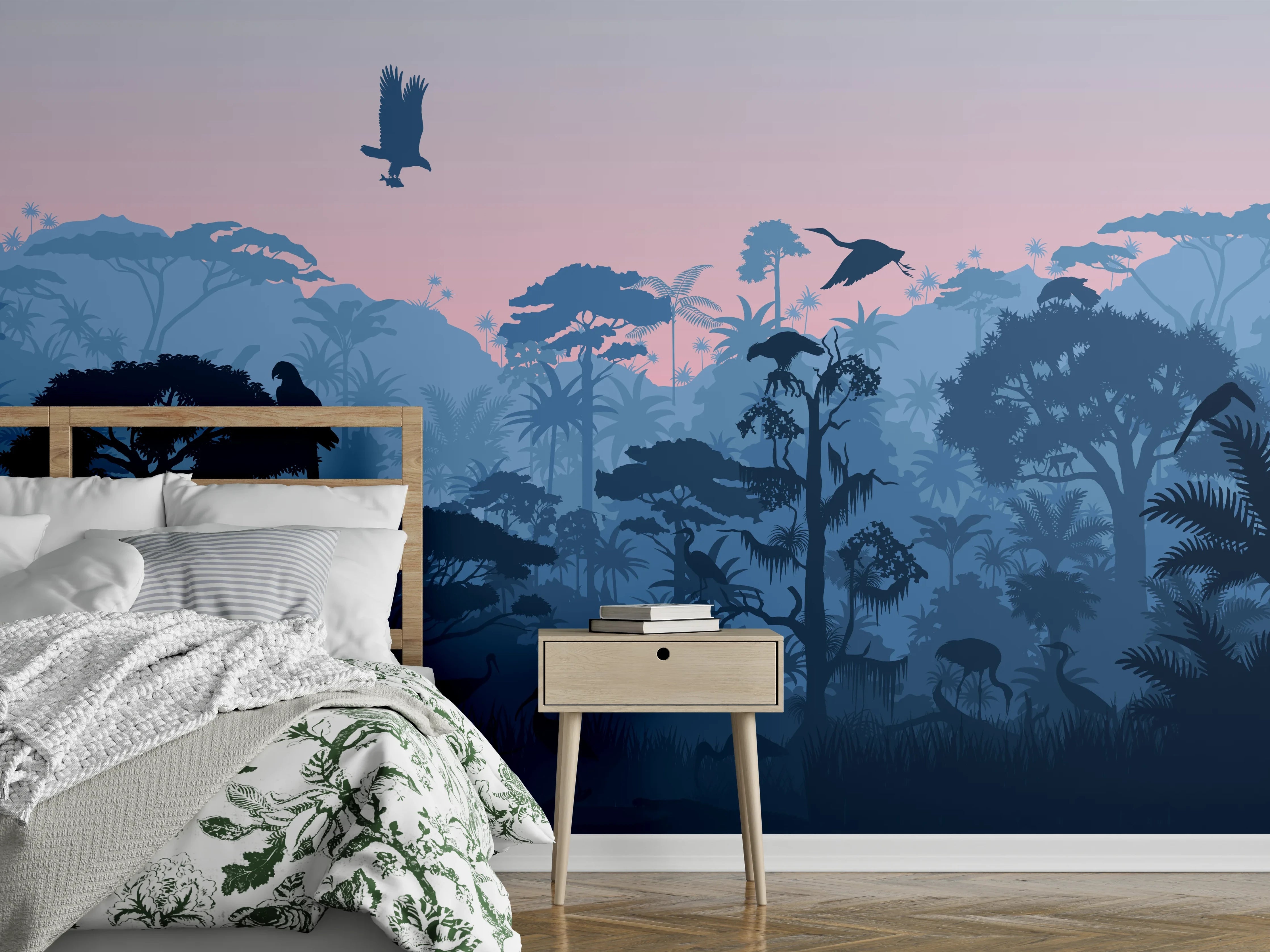 Wandverkleidung Schlafzimmer - Dschungelsilhouette bei Dämmerung