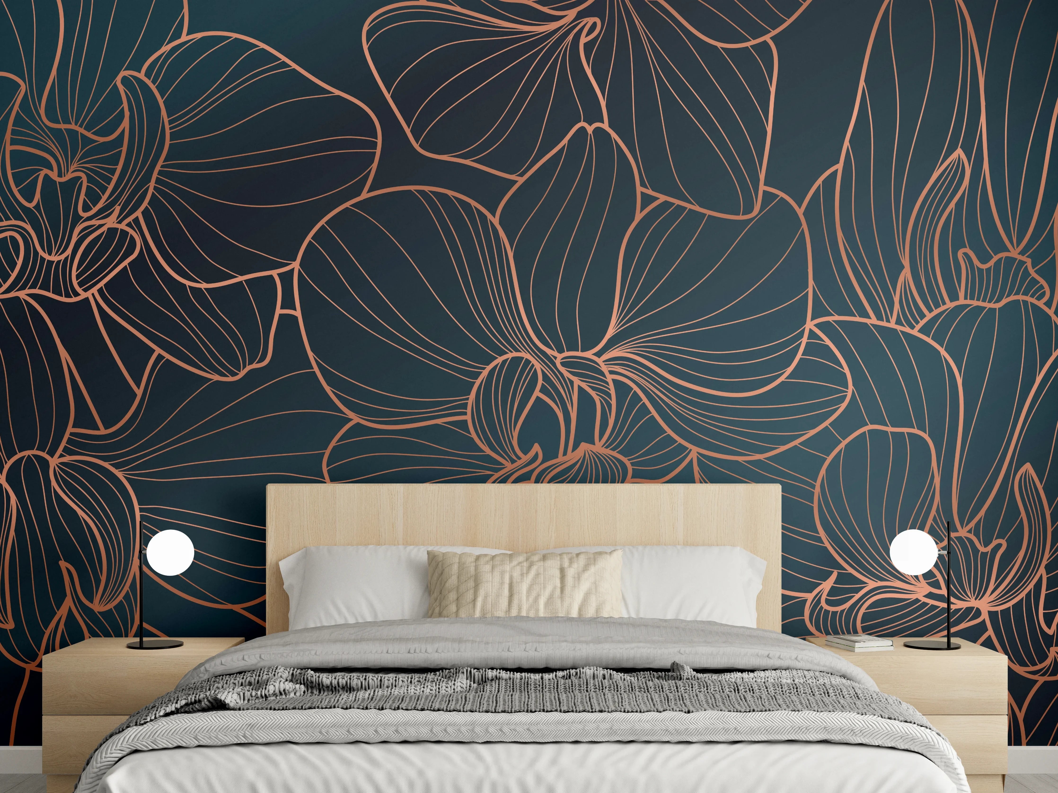 Wandverkleidung Schlafzimmer - Dunkelblaue Floral Linien Kunst