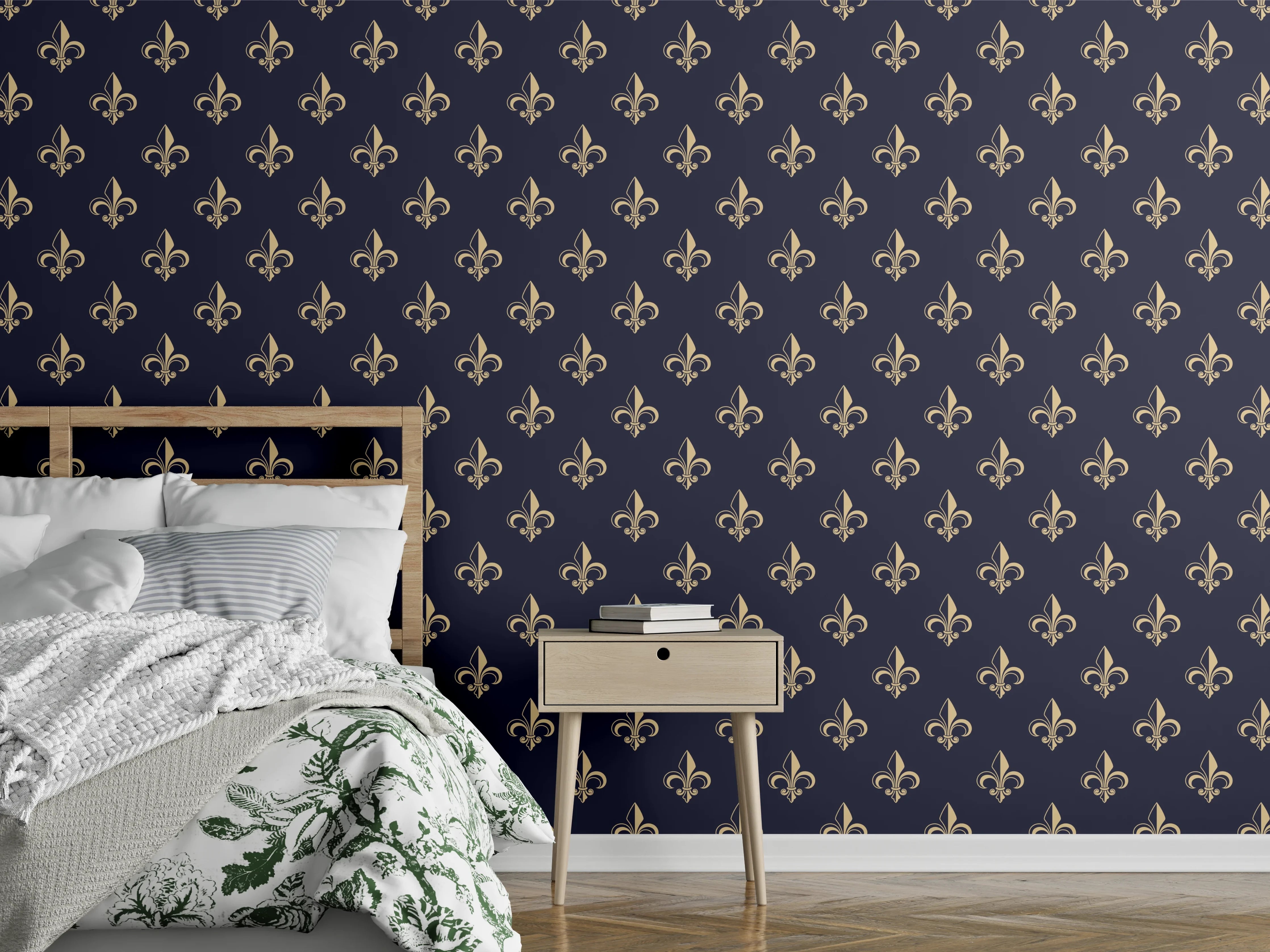 Wandverkleidung Schlafzimmer - Dunkelblaues Stoffmuster