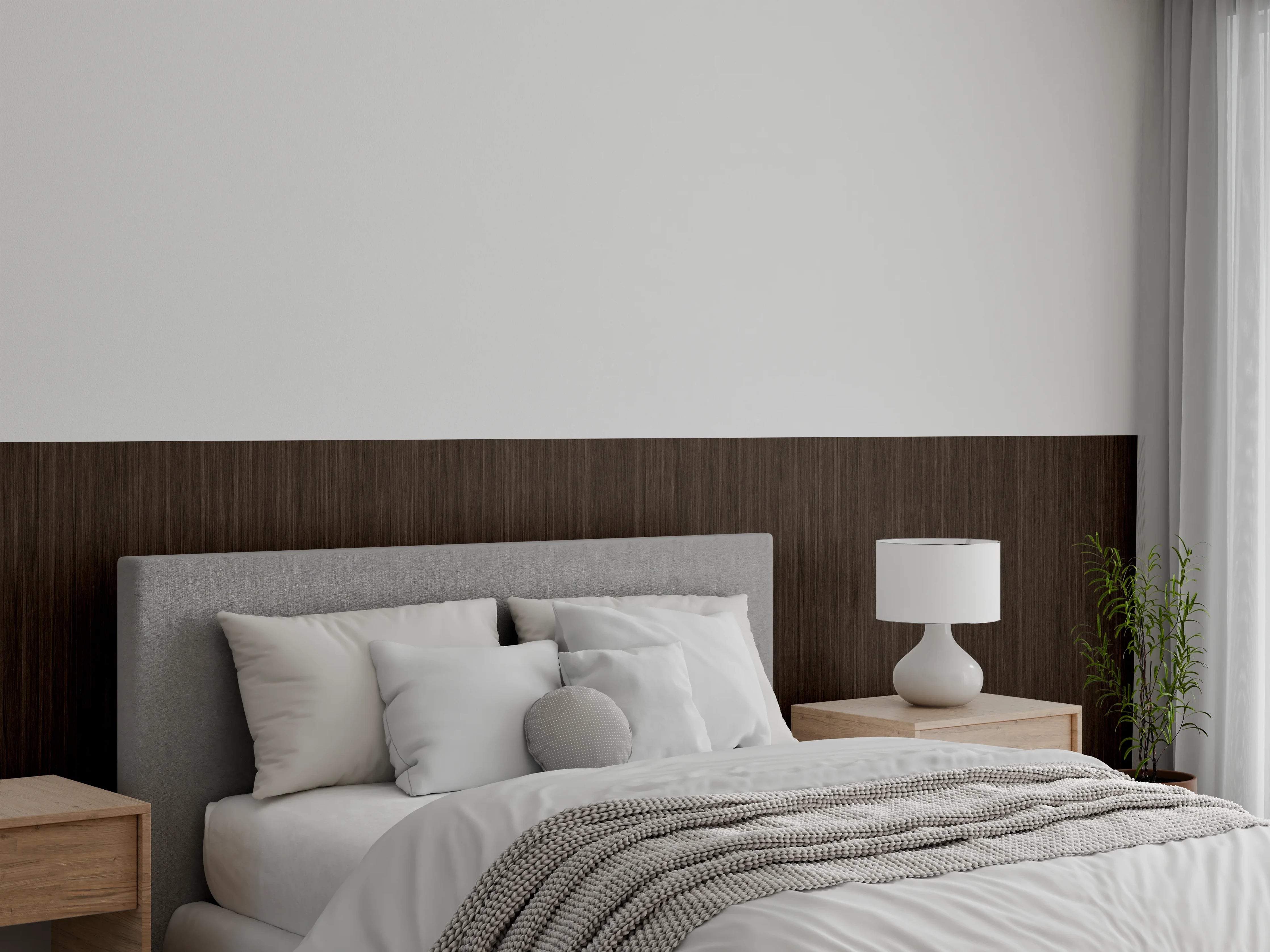 Wandverkleidung Schlafzimmer - Dunkelbraune Holzstruktur elegant vertikal