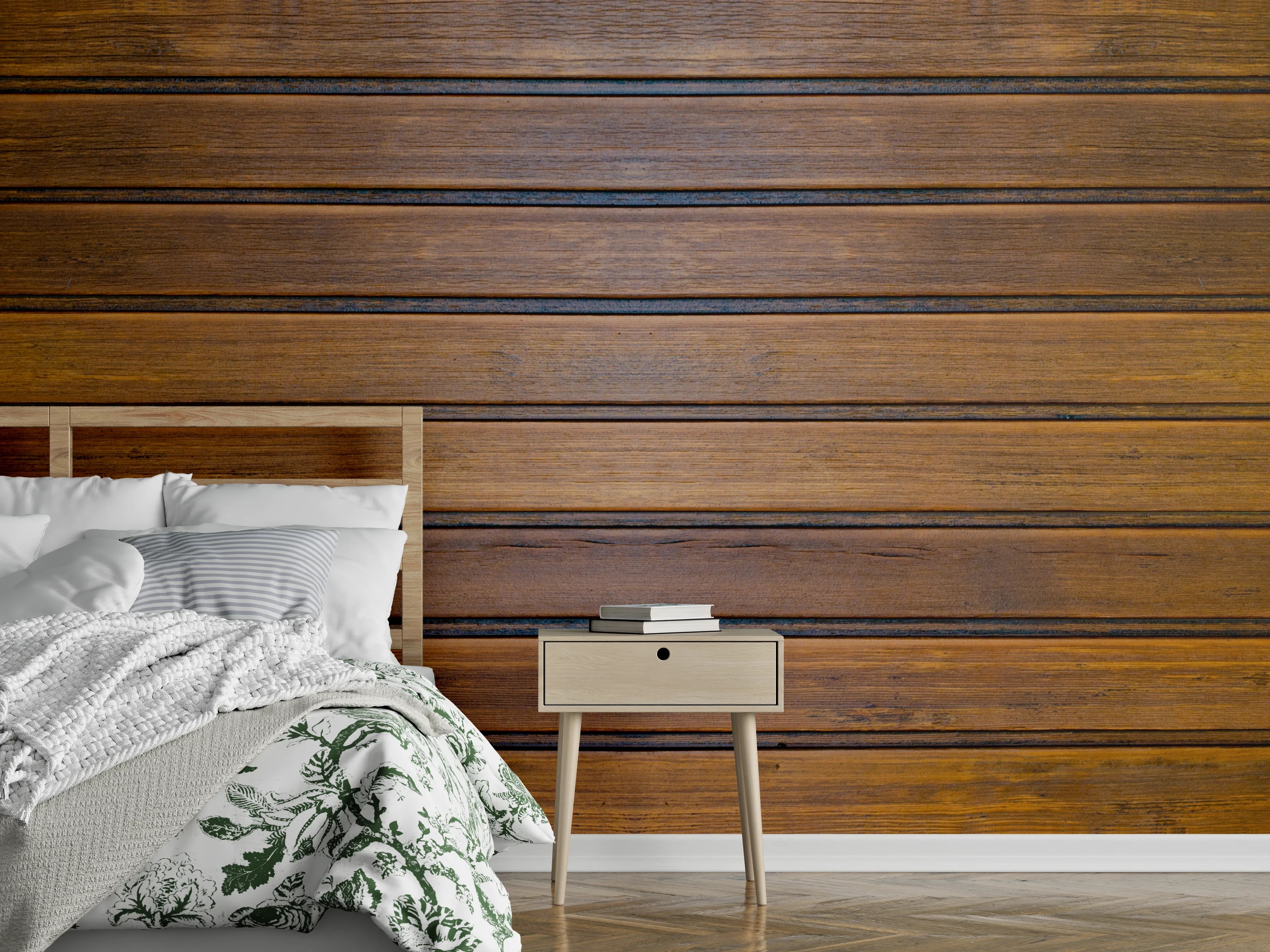 Wandverkleidung Schlafzimmer - Dunkelbraune glänzende Holztextur