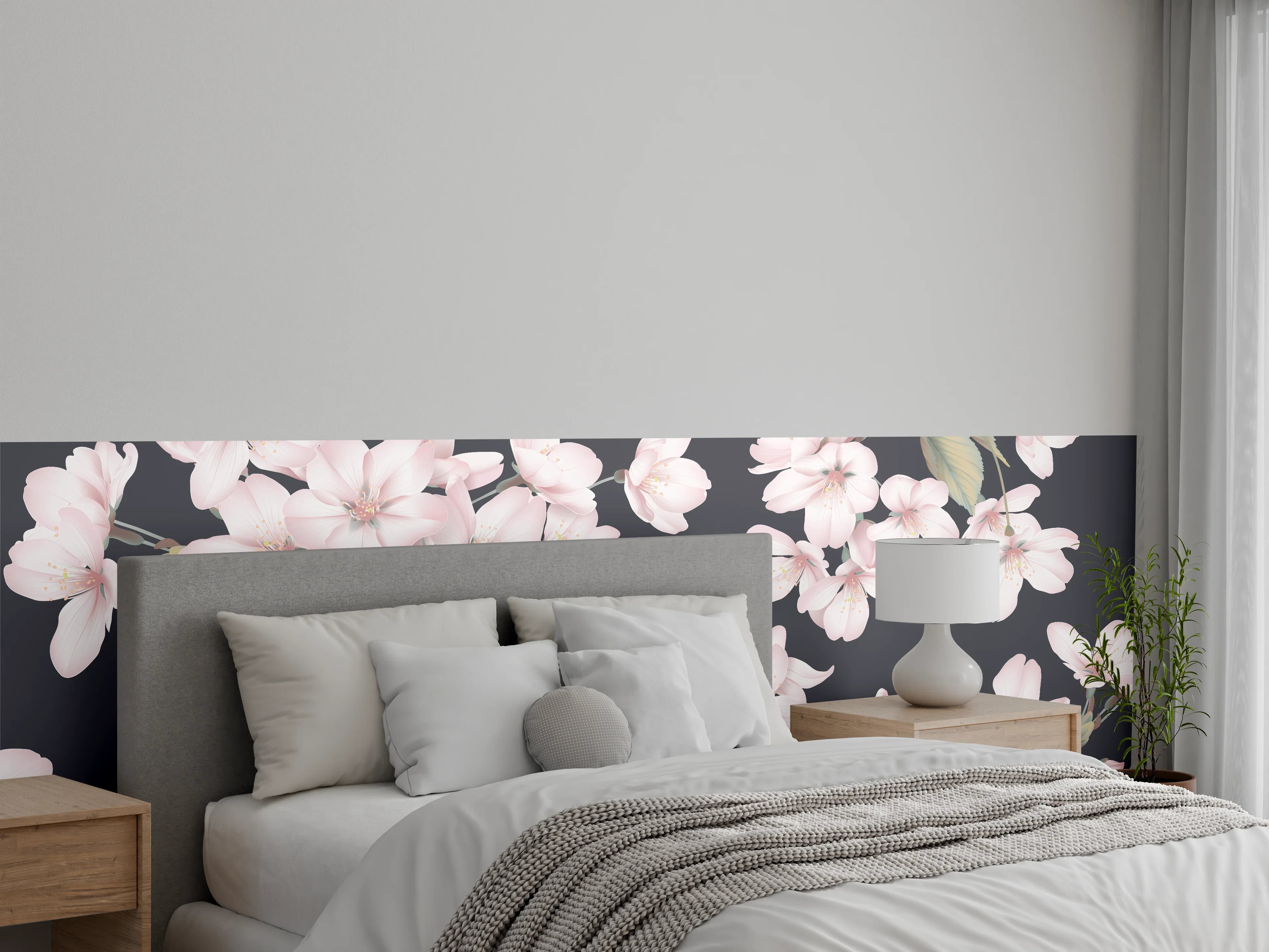 Wandverkleidung Schlafzimmer - Dunkelgrau-Sakura-Musterdesign