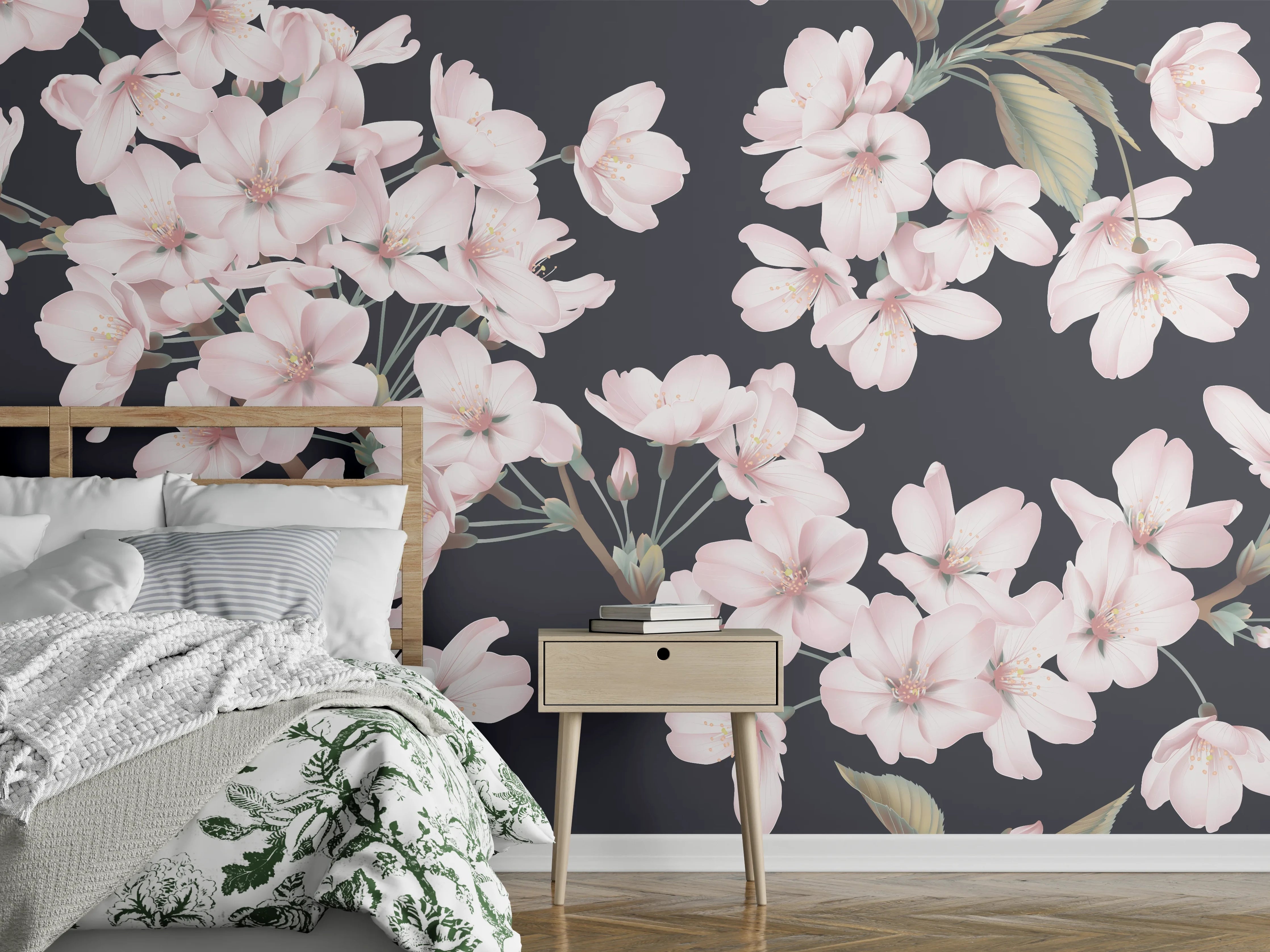 Wandverkleidung Schlafzimmer - Dunkelgrau-Sakura-Musterdesign