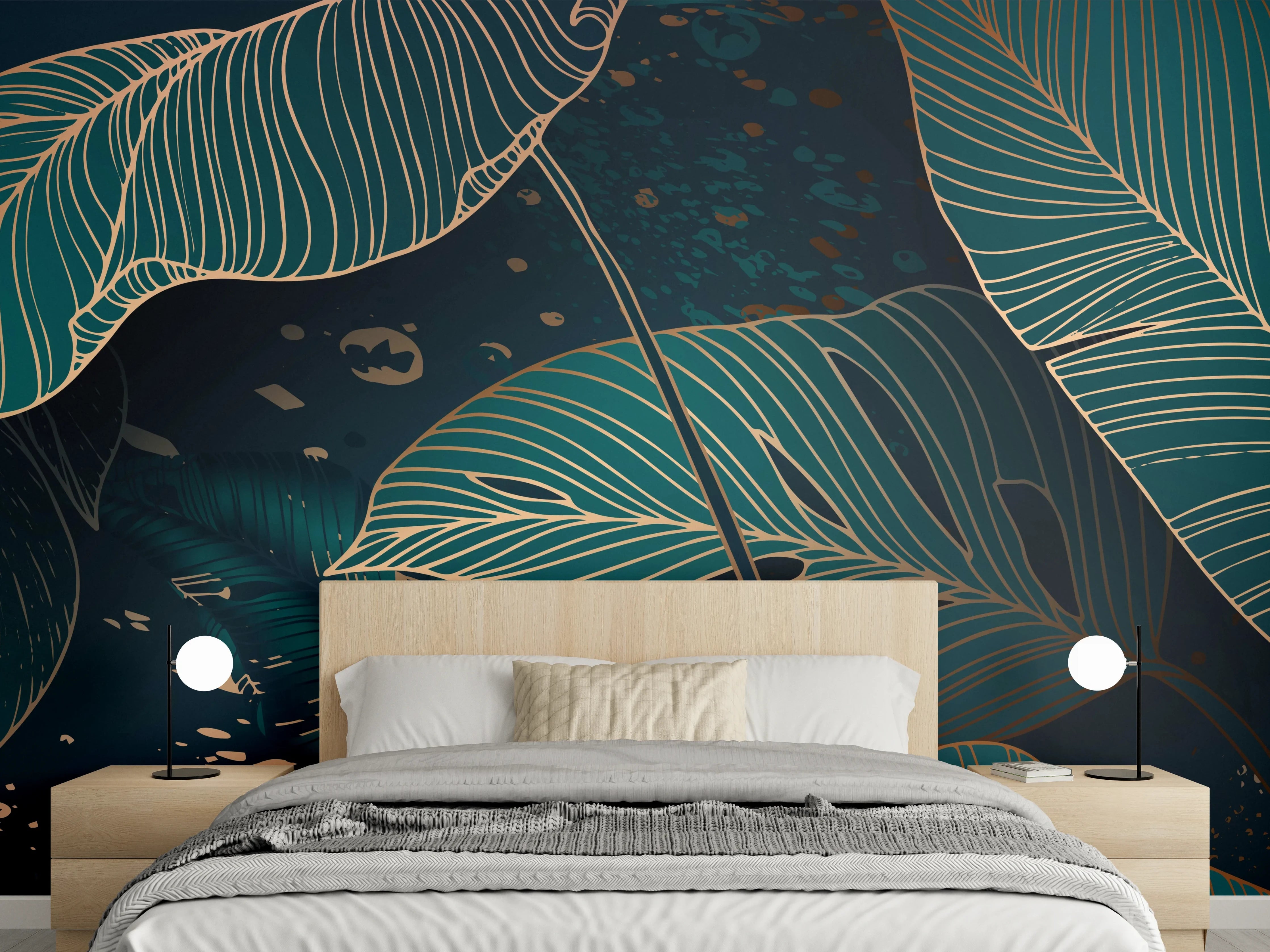 Wandverkleidung Schlafzimmer - Dunkelgrüne Blätter Goldakzent