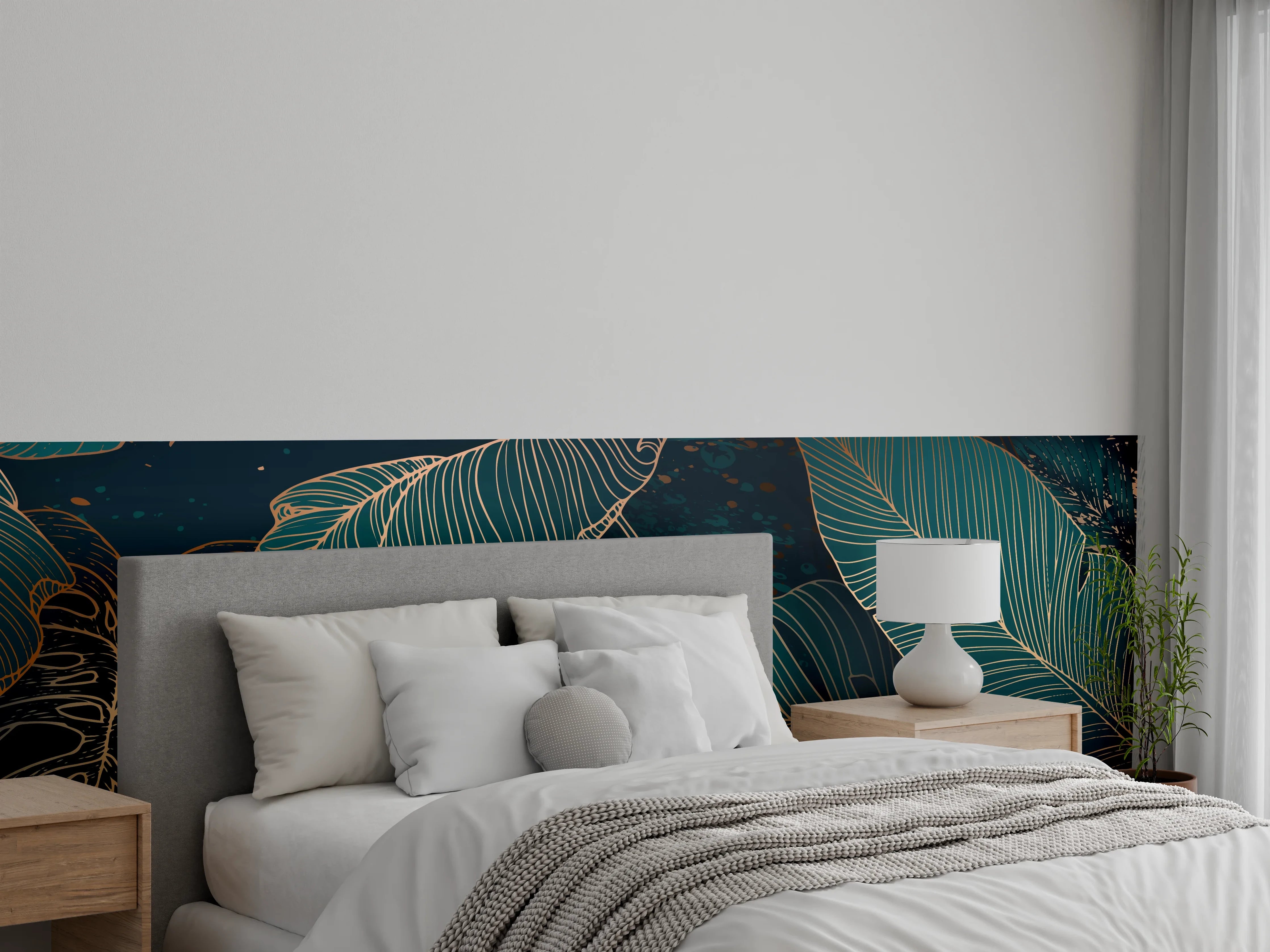 Wandverkleidung Schlafzimmer - Dunkelgrüne Blätter Goldakzent