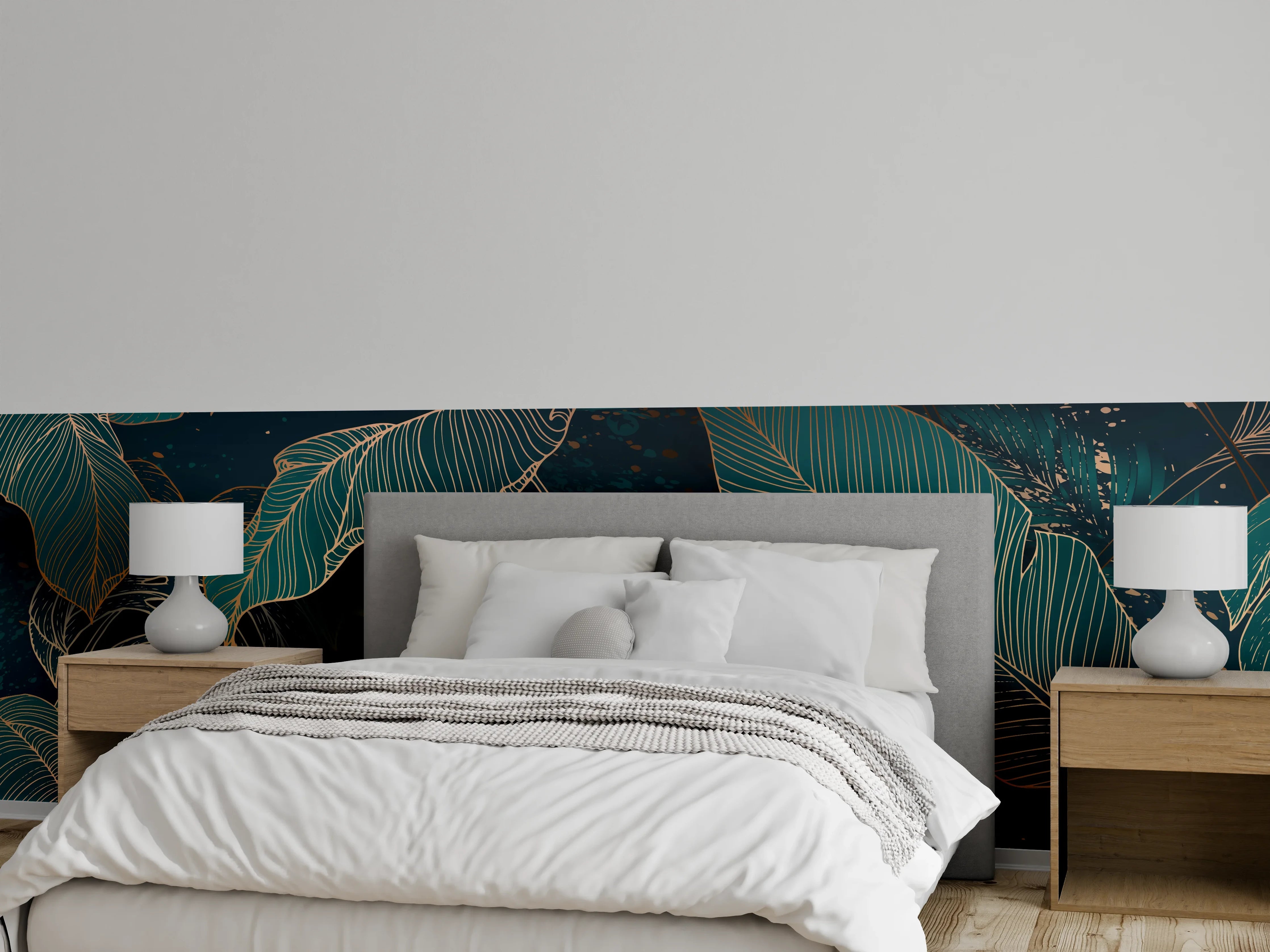 Wandverkleidung Schlafzimmer - Dunkelgrüne Blätter Goldakzent