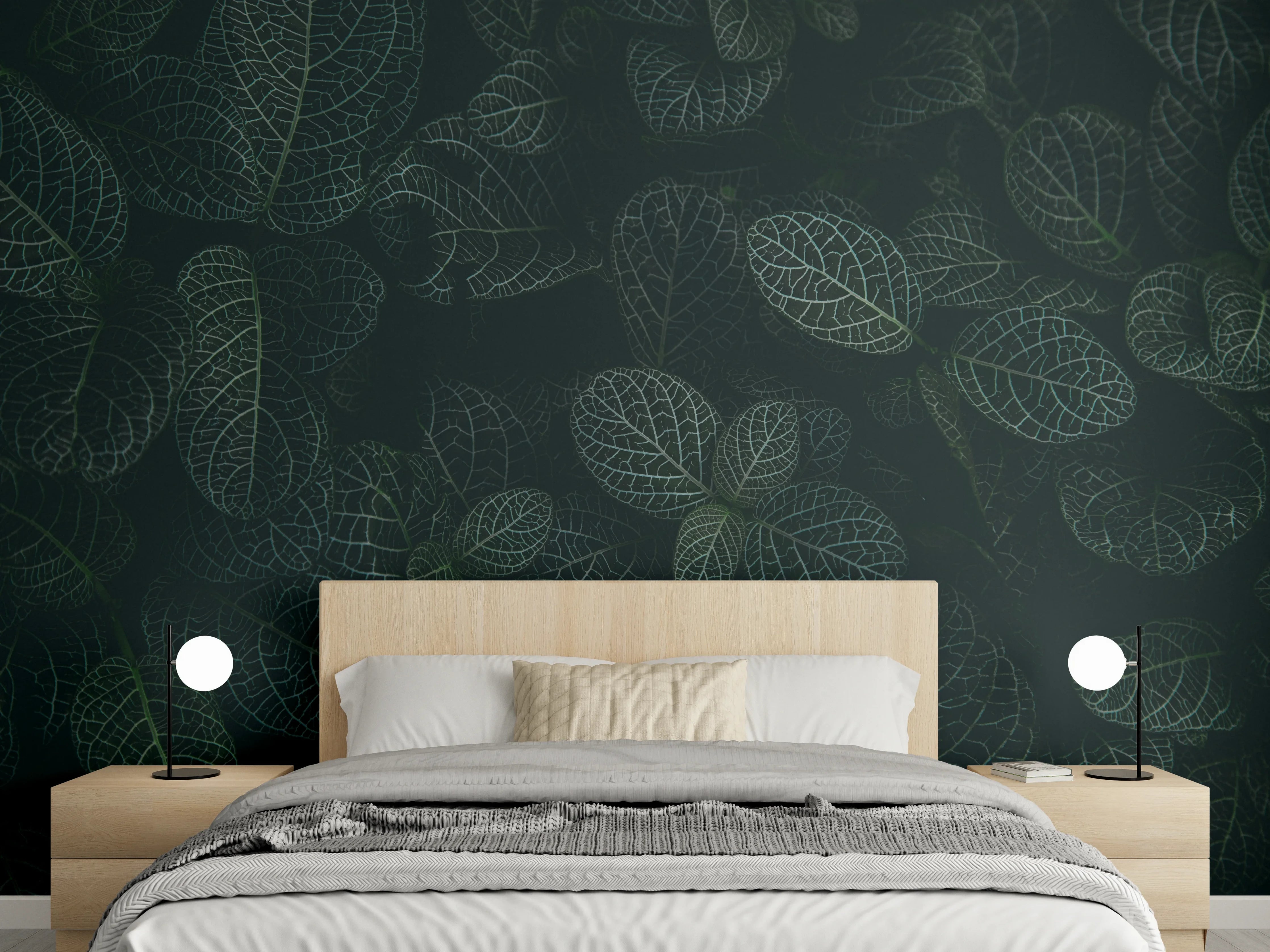 Wandverkleidung Schlafzimmer - Dunkle Blätter mit heller Aderung