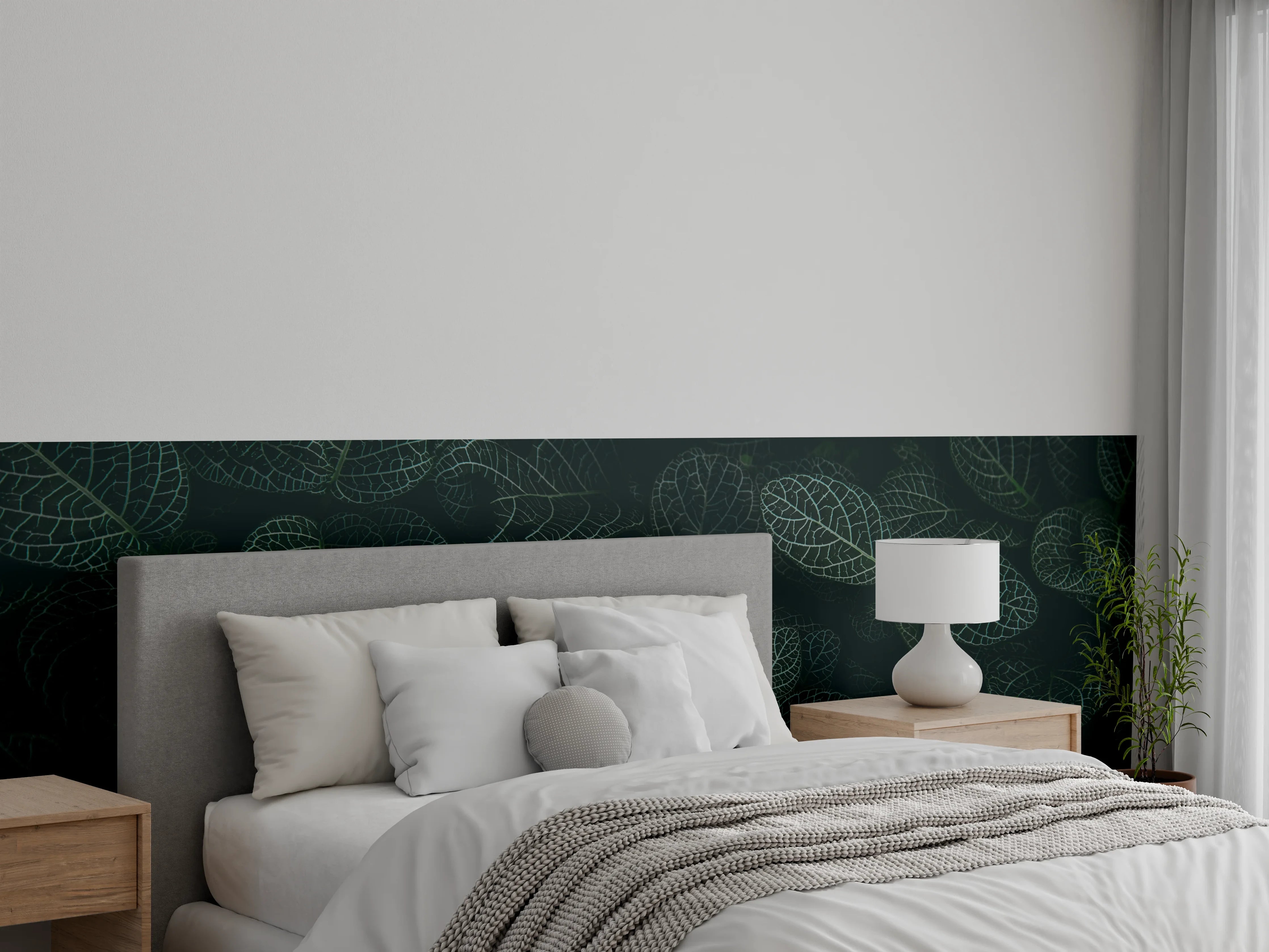 Wandverkleidung Schlafzimmer - Dunkle Blätter mit heller Aderung