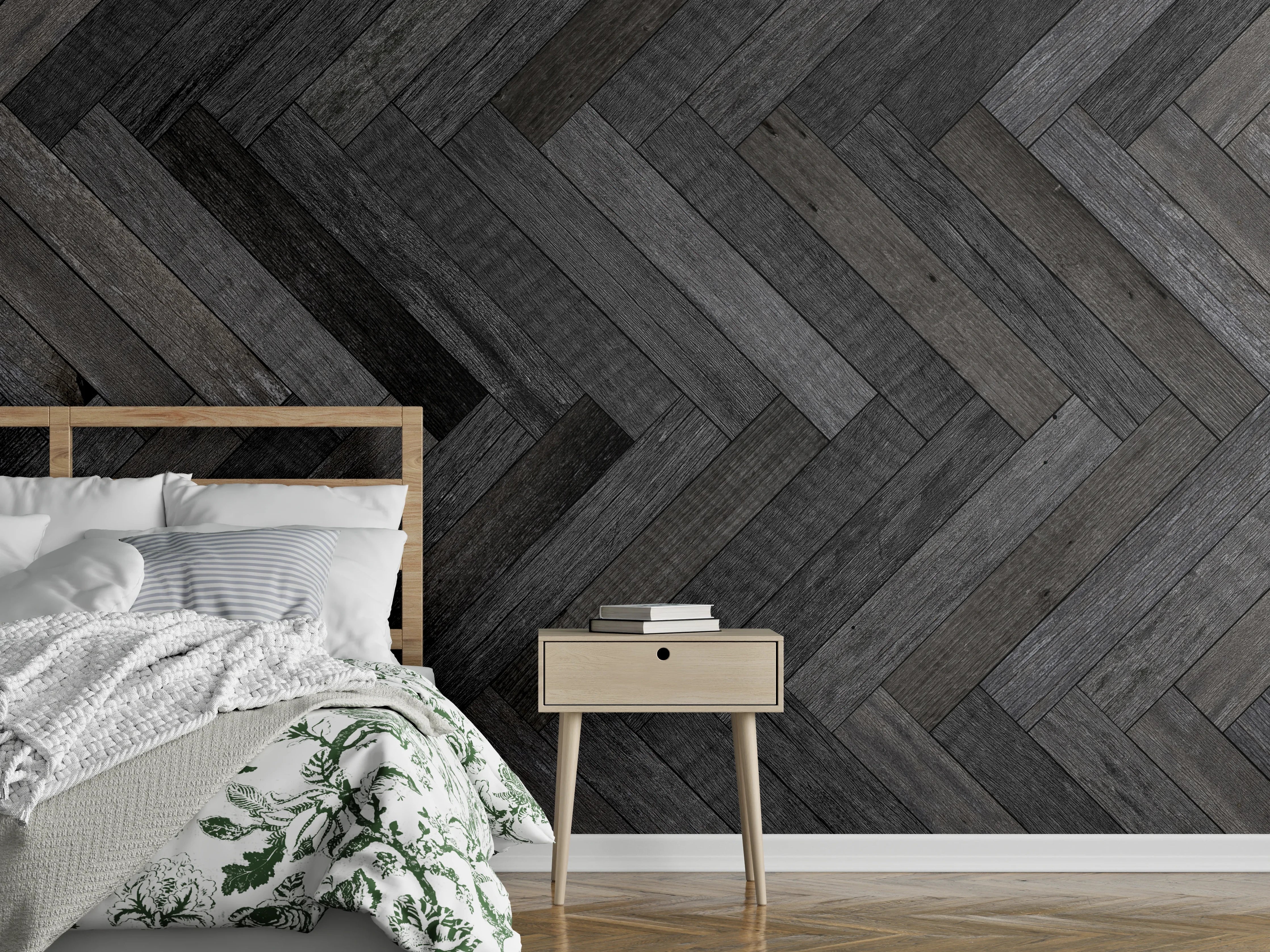Wandverkleidung Schlafzimmer - Dunkle Herringbone Parkettmuster