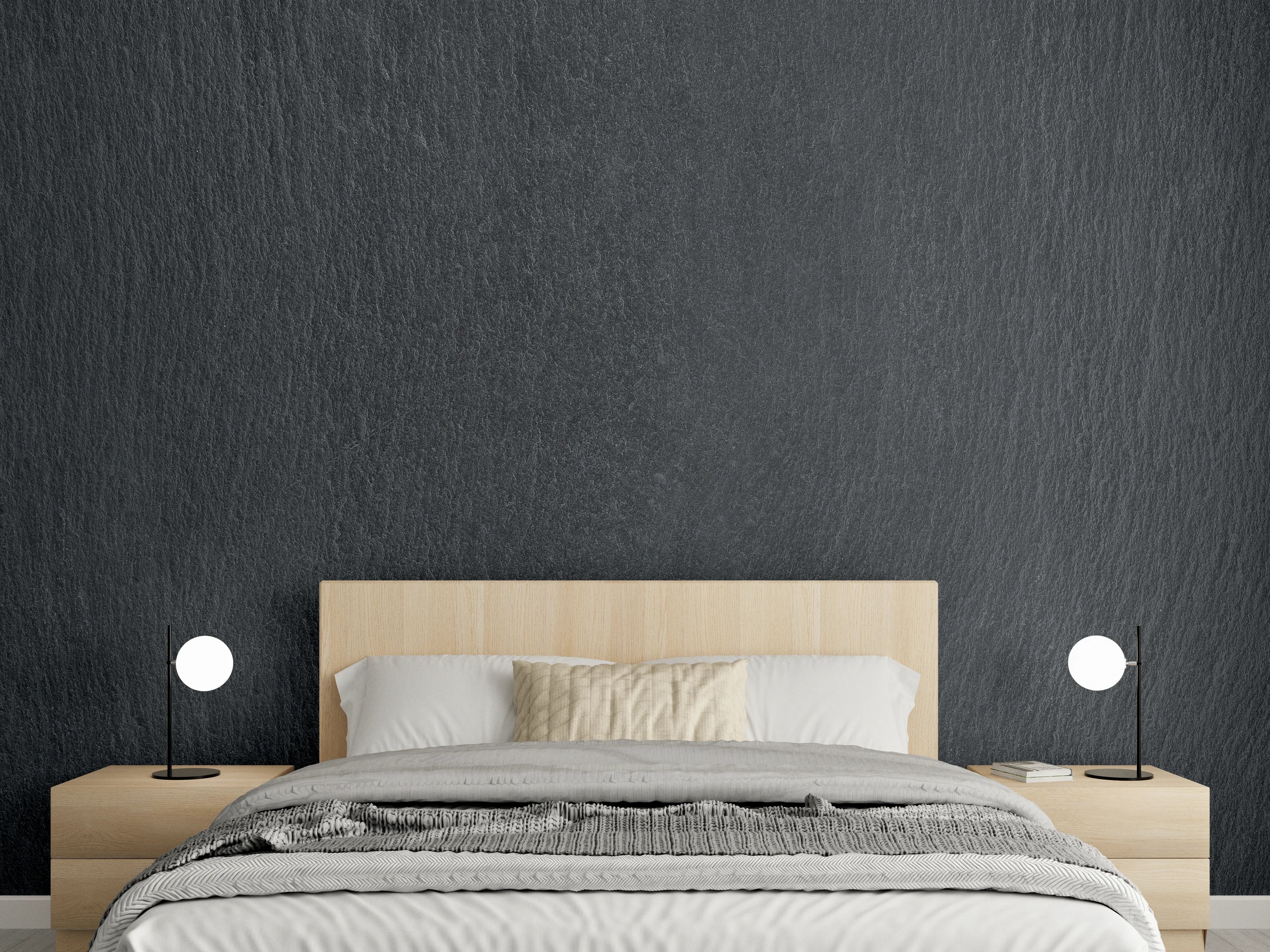 Wandverkleidung Schlafzimmer - Dunkle Holzmaserung in Grau