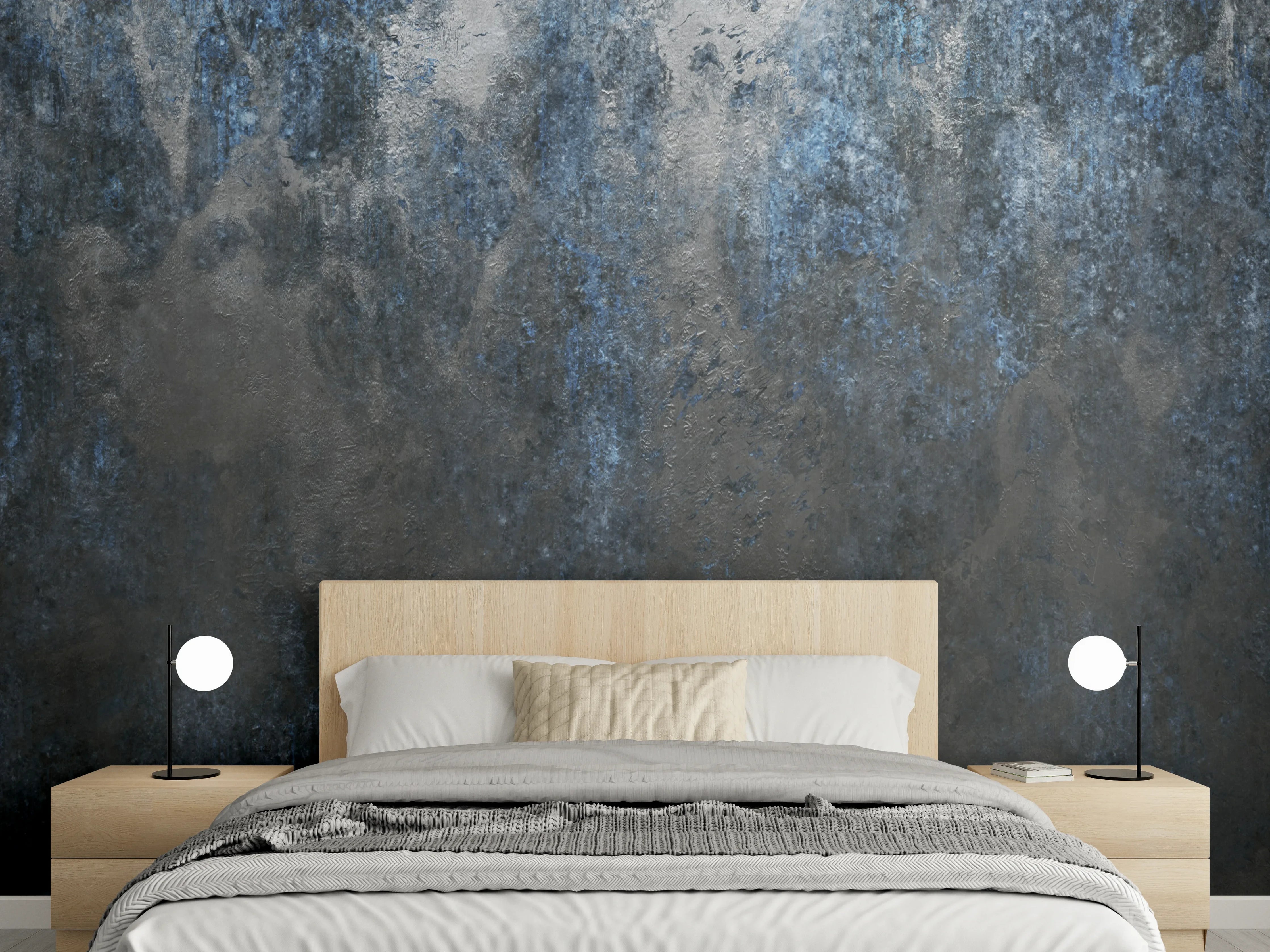 Wandverkleidung Schlafzimmer - Dunkles Beton-Design mit Blaueffekt