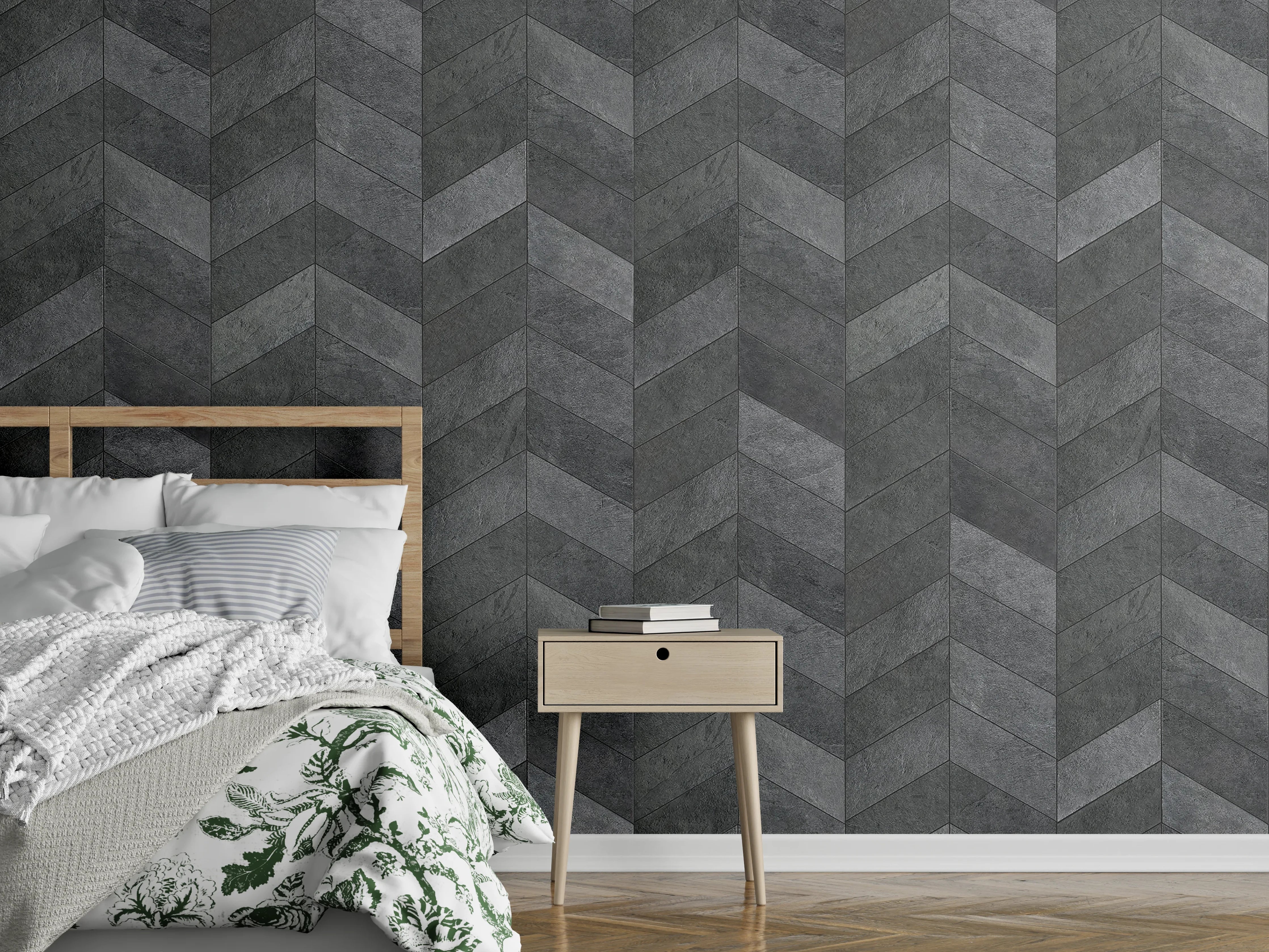 Wandverkleidung Schlafzimmer - Dunkles Schiefer Fischgrätmuster Tapete