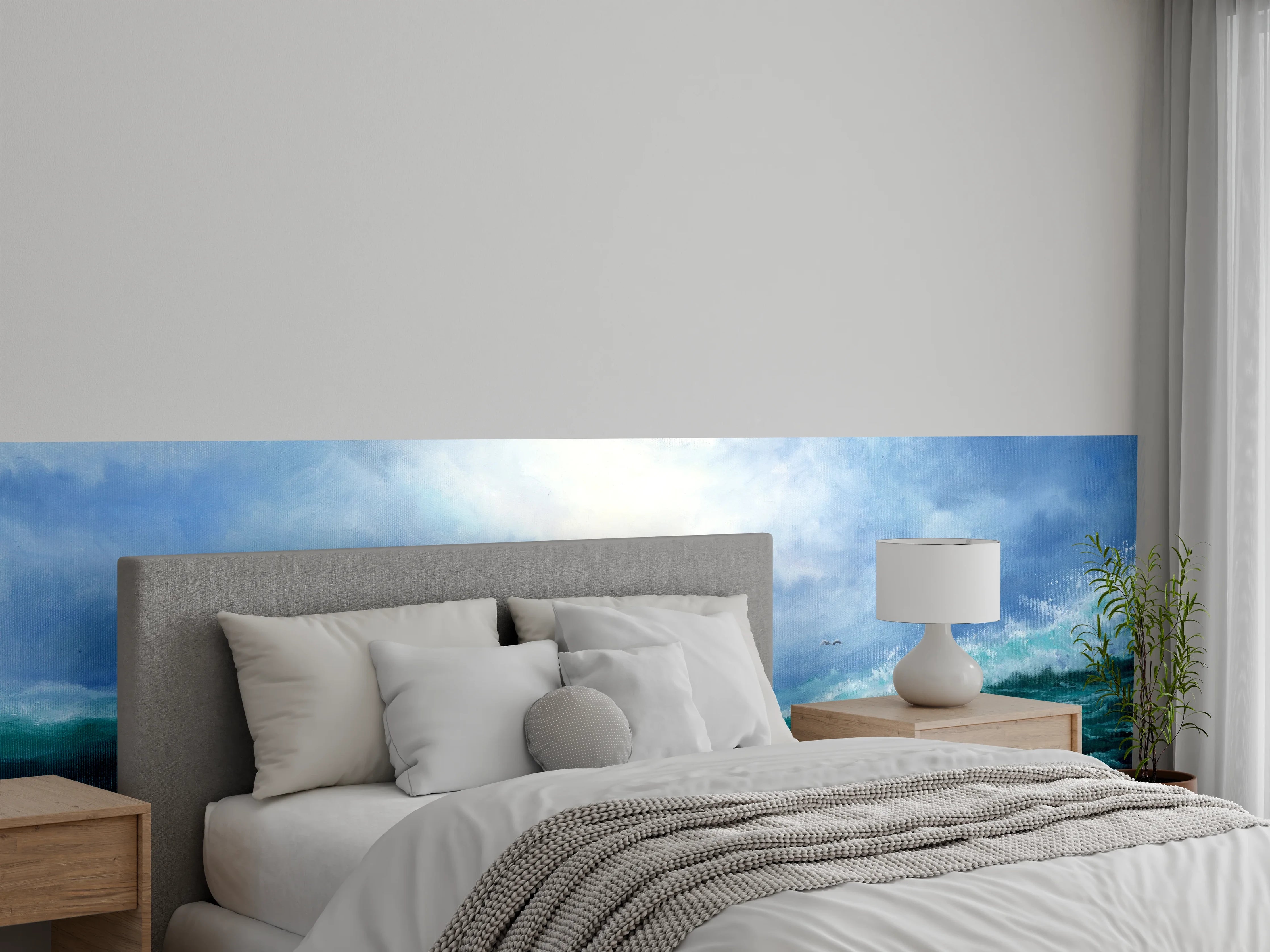 Wandverkleidung Schlafzimmer - Dynamische Wellenmalerei in lebendigem Blau