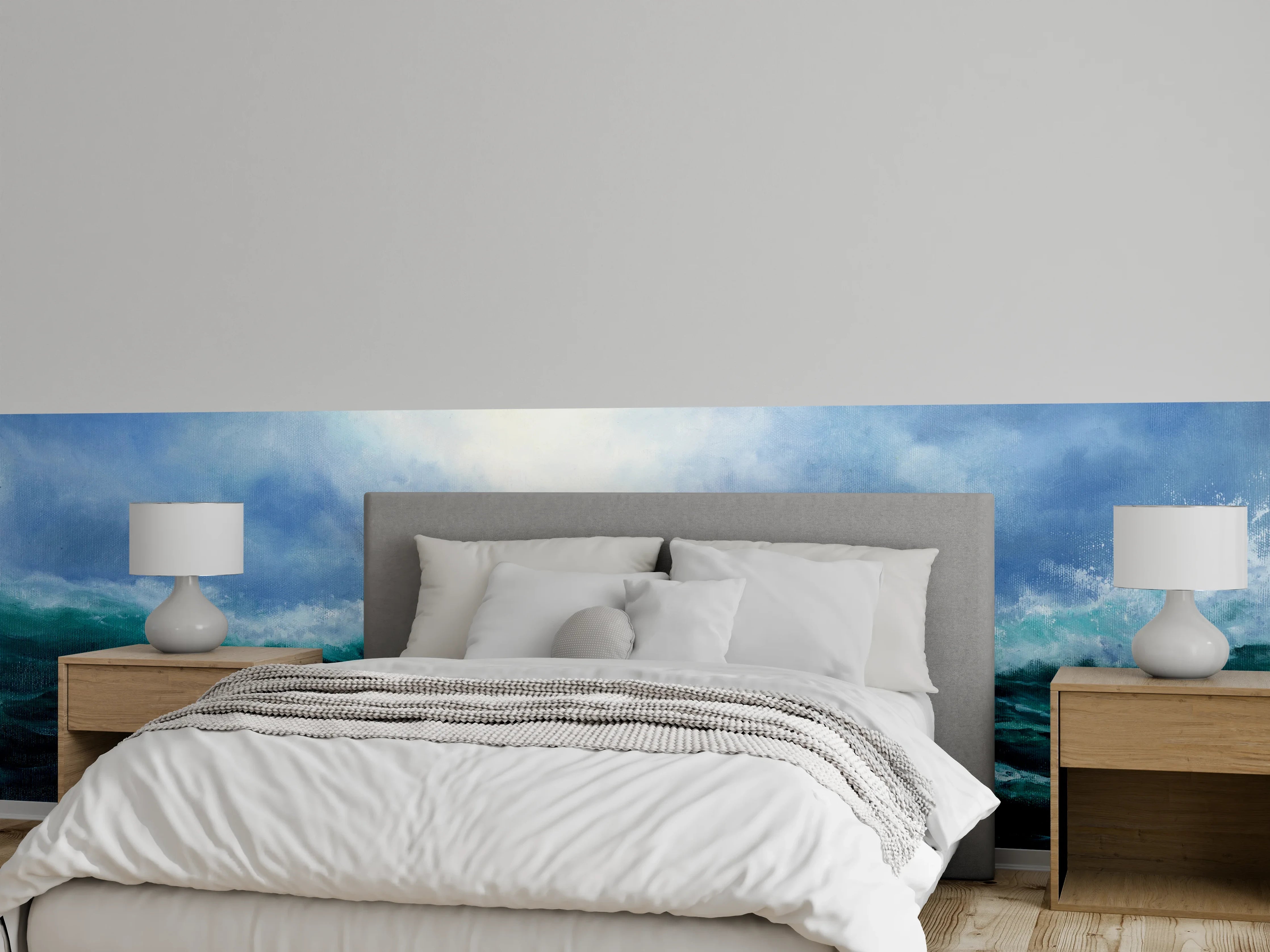 Wandverkleidung Schlafzimmer - Dynamische Wellenmalerei in lebendigem Blau