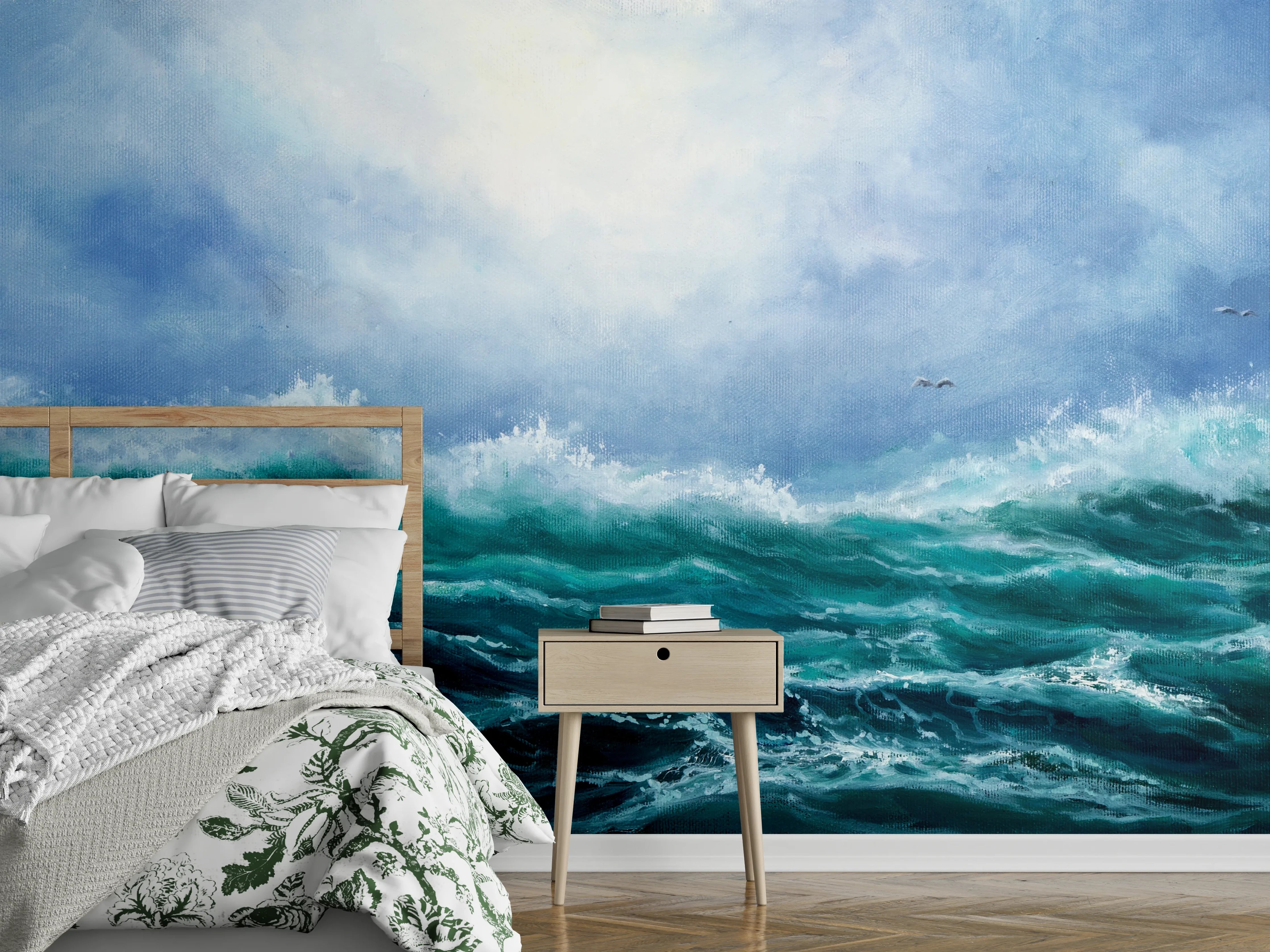 Wandverkleidung Schlafzimmer - Dynamische Wellenmalerei in lebendigem Blau