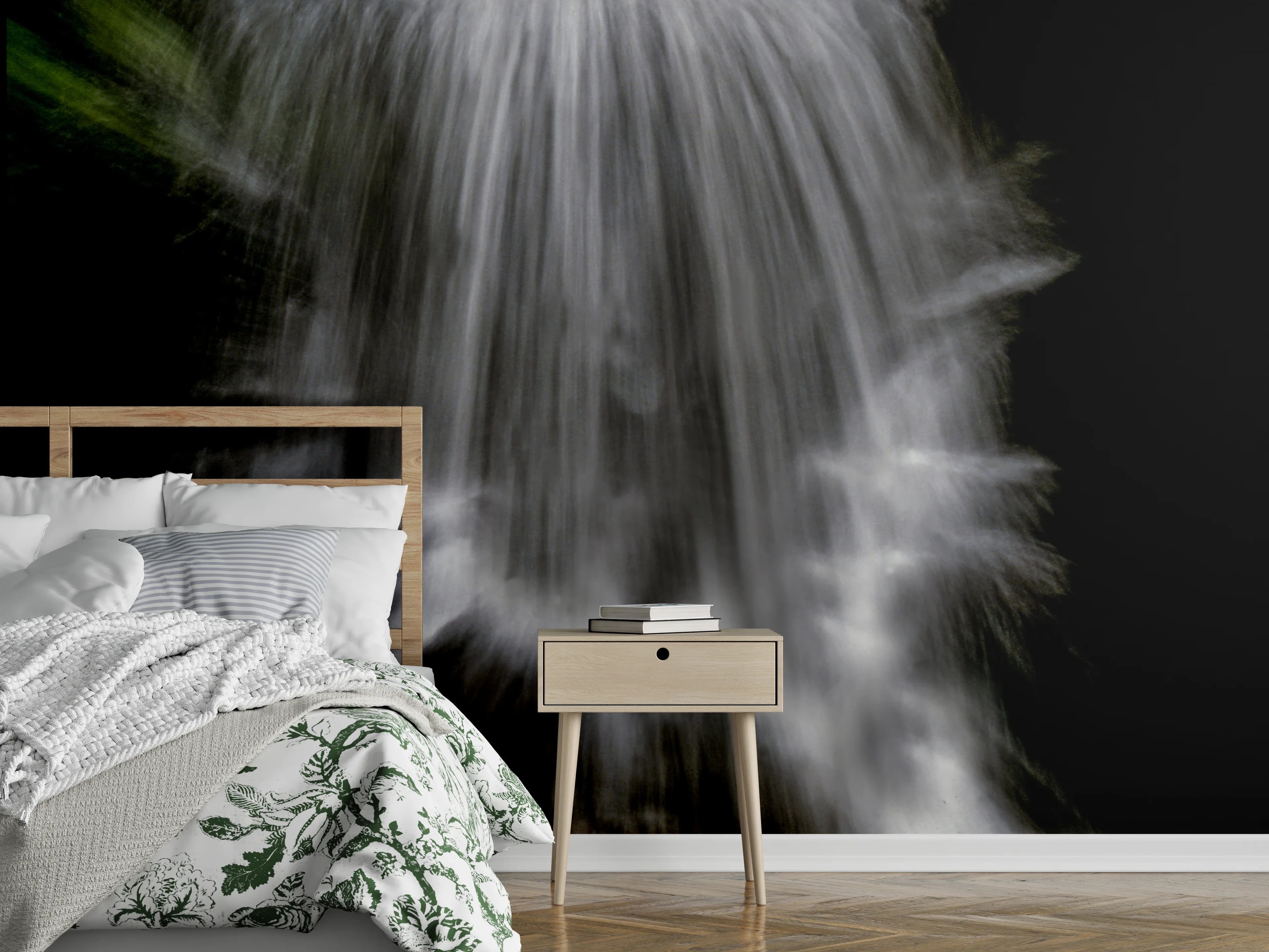 Wandverkleidung Schlafzimmer - Dynamischer Wasserfall Schwarz-Weiß