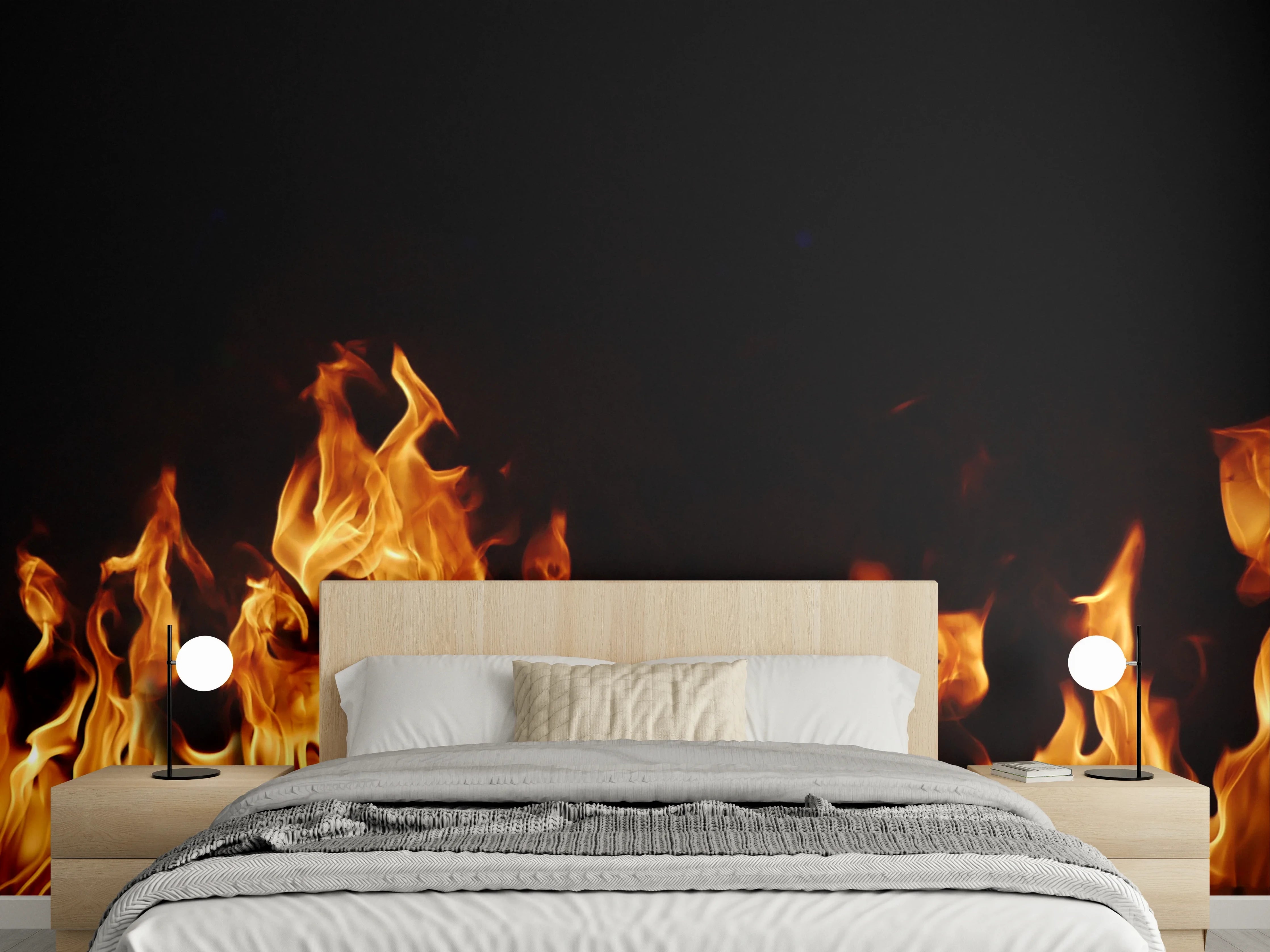 Wandverkleidung Schlafzimmer - Dynamisches Flammenmotiv auf schwarzem Hintergrund