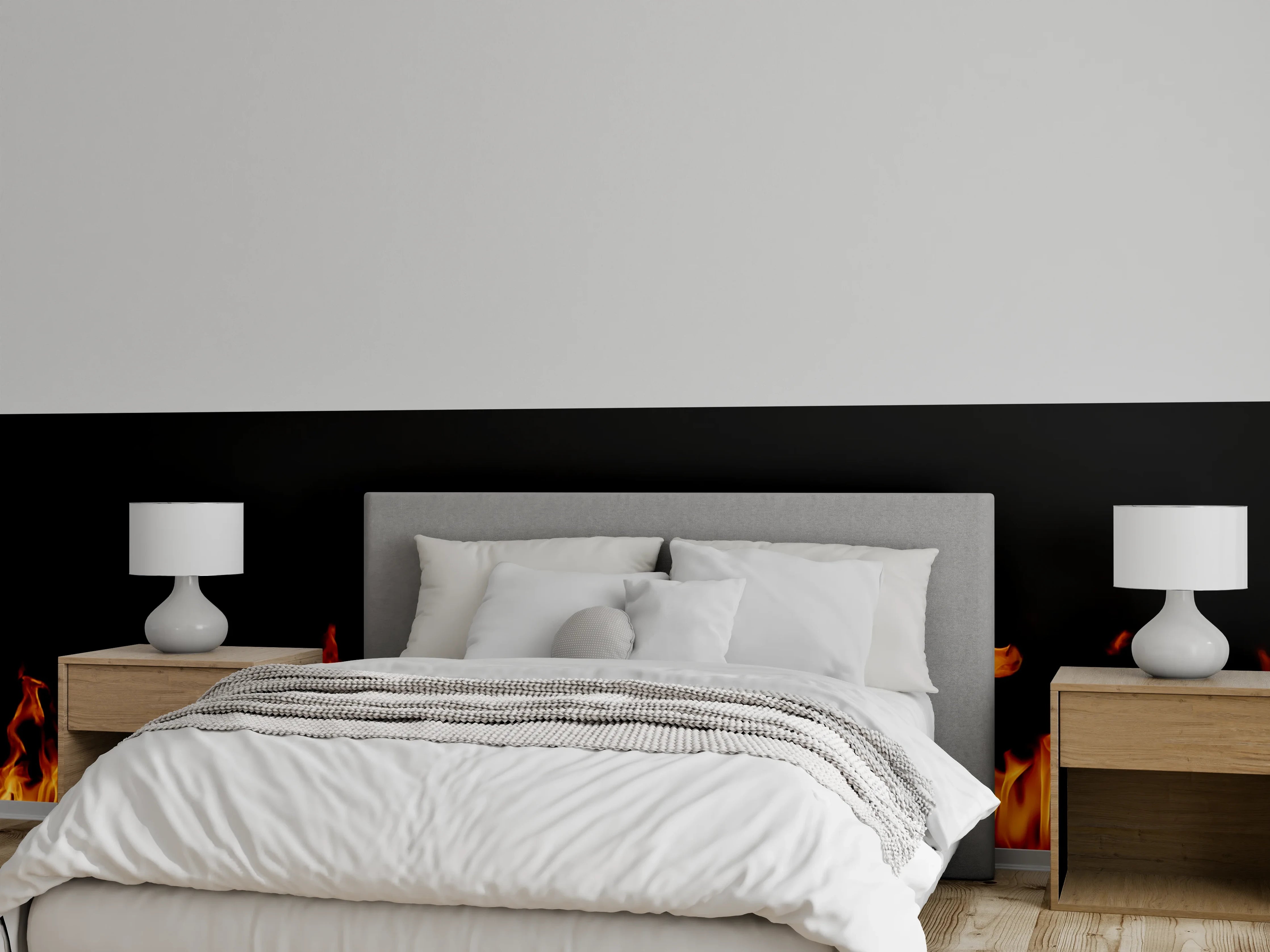 Wandverkleidung Schlafzimmer - Dynamisches Flammenmotiv auf schwarzem Hintergrund