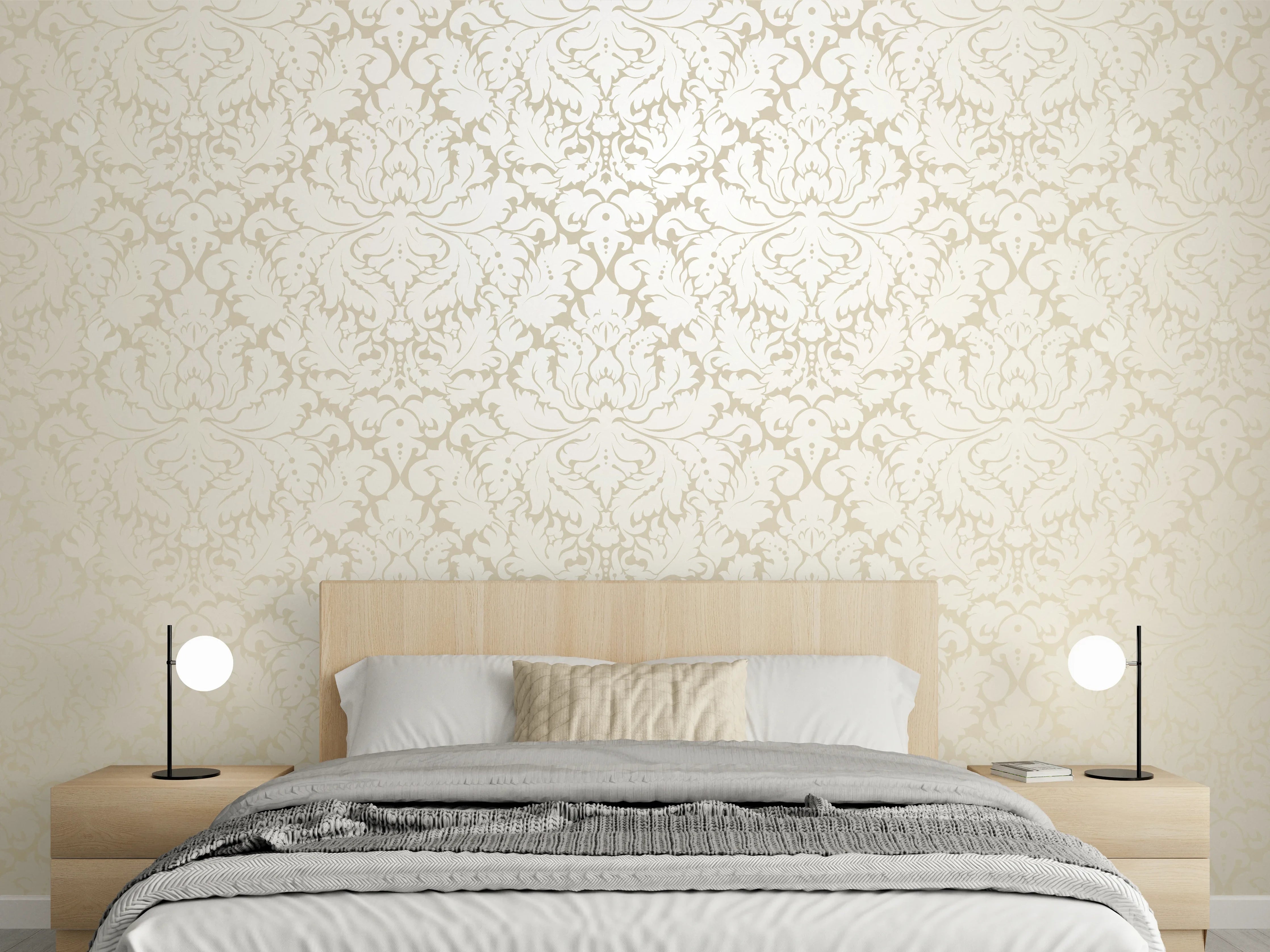 Wandverkleidung Schlafzimmer - Edle Creme-Gold Damast-Tapete