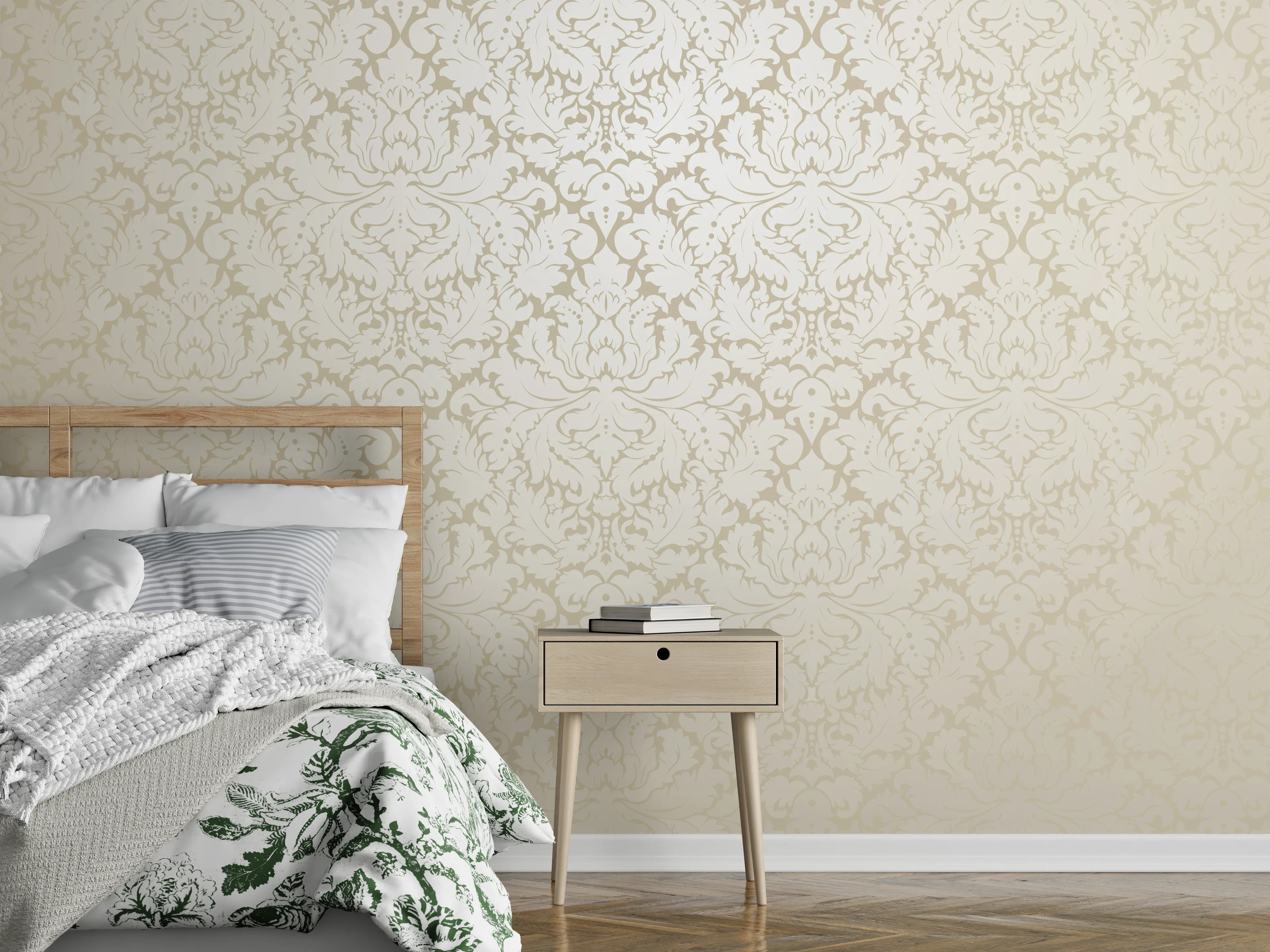 Wandverkleidung Schlafzimmer - Edle Creme-Gold Damast-Tapete