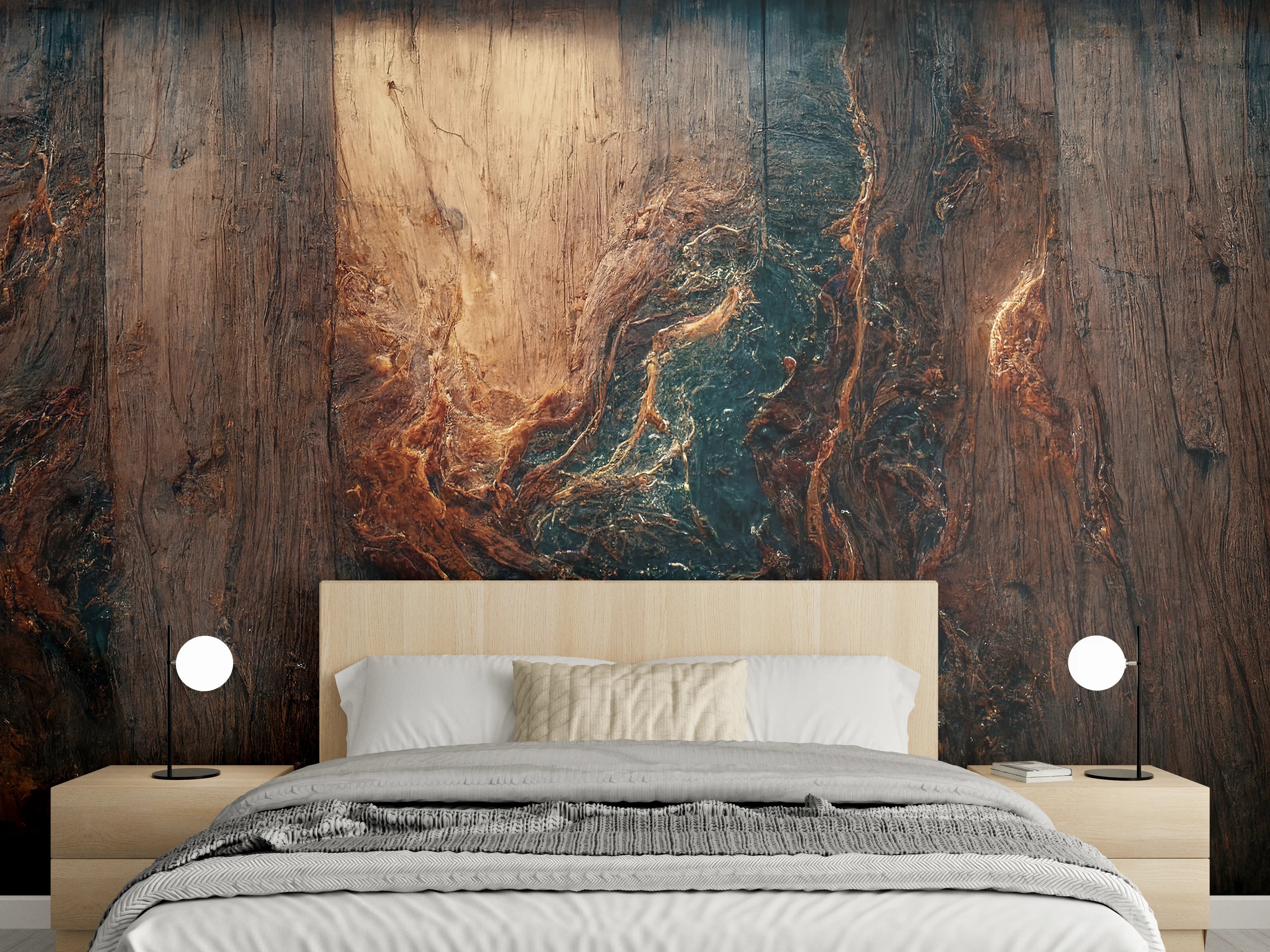 Wandverkleidung Schlafzimmer - Edle Holzoptik mit abstrakten Maserungen