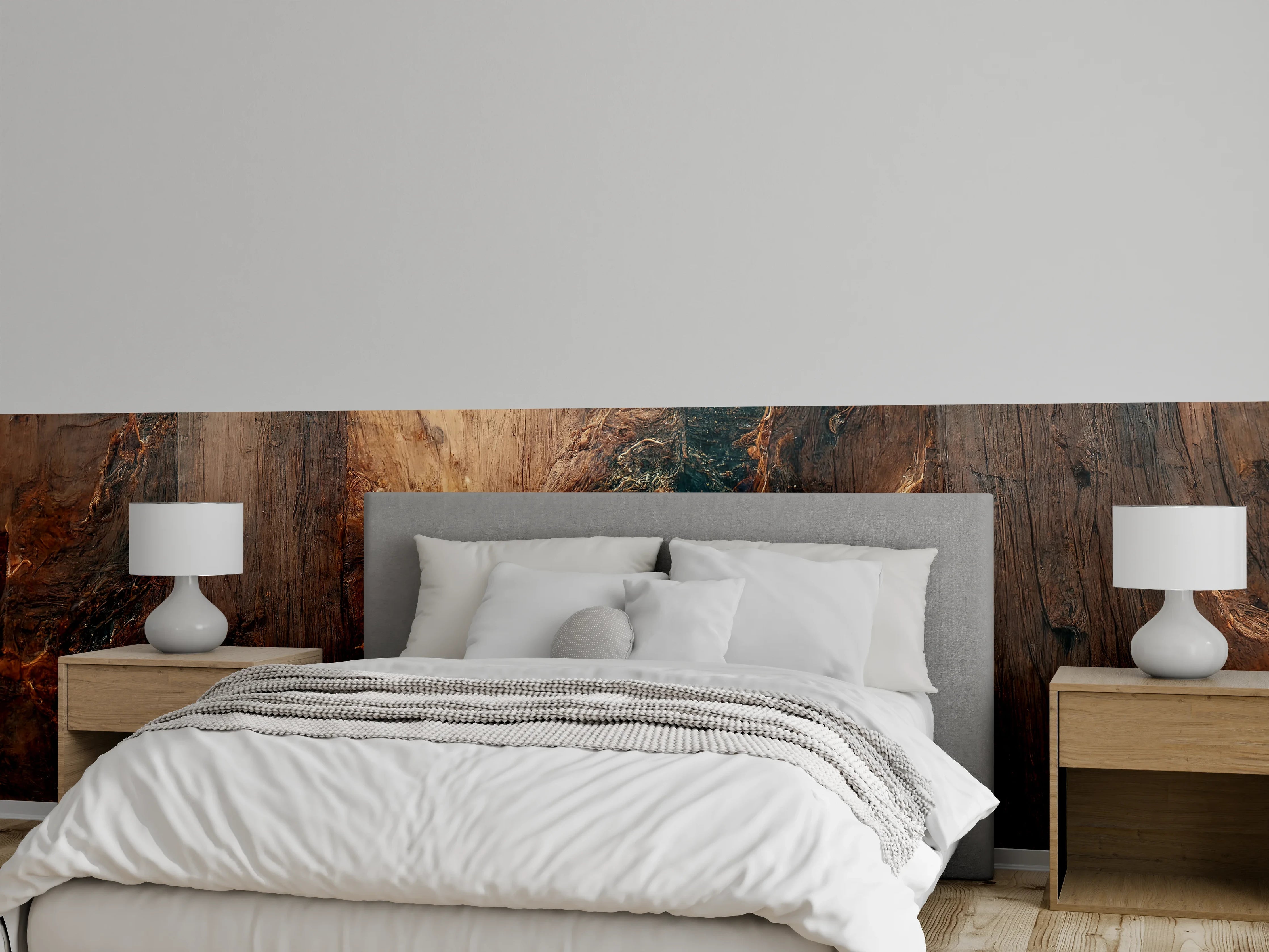 Wandverkleidung Schlafzimmer - Edle Holzoptik mit abstrakten Maserungen