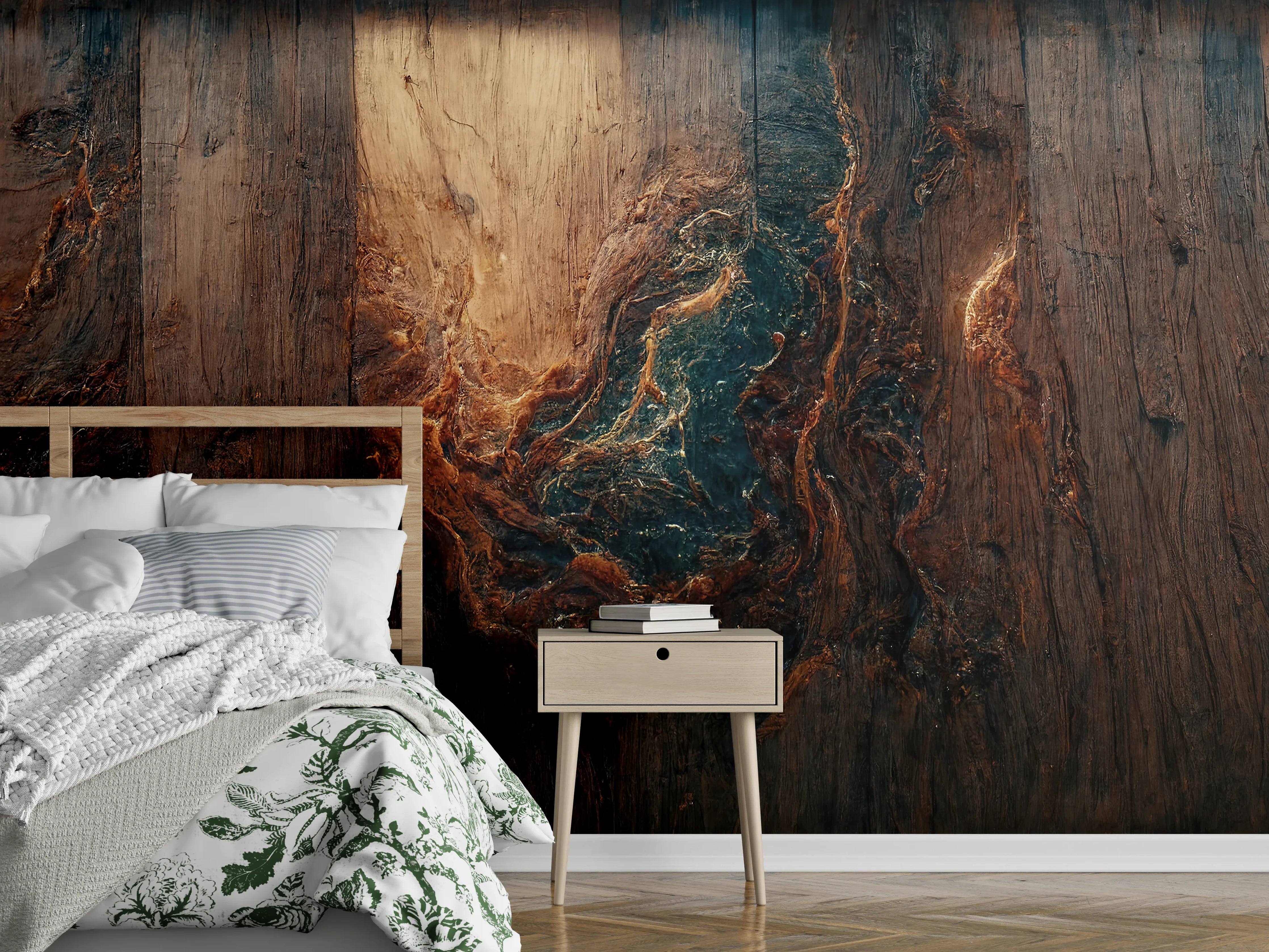 Wandverkleidung Schlafzimmer - Edle Holzoptik mit abstrakten Maserungen