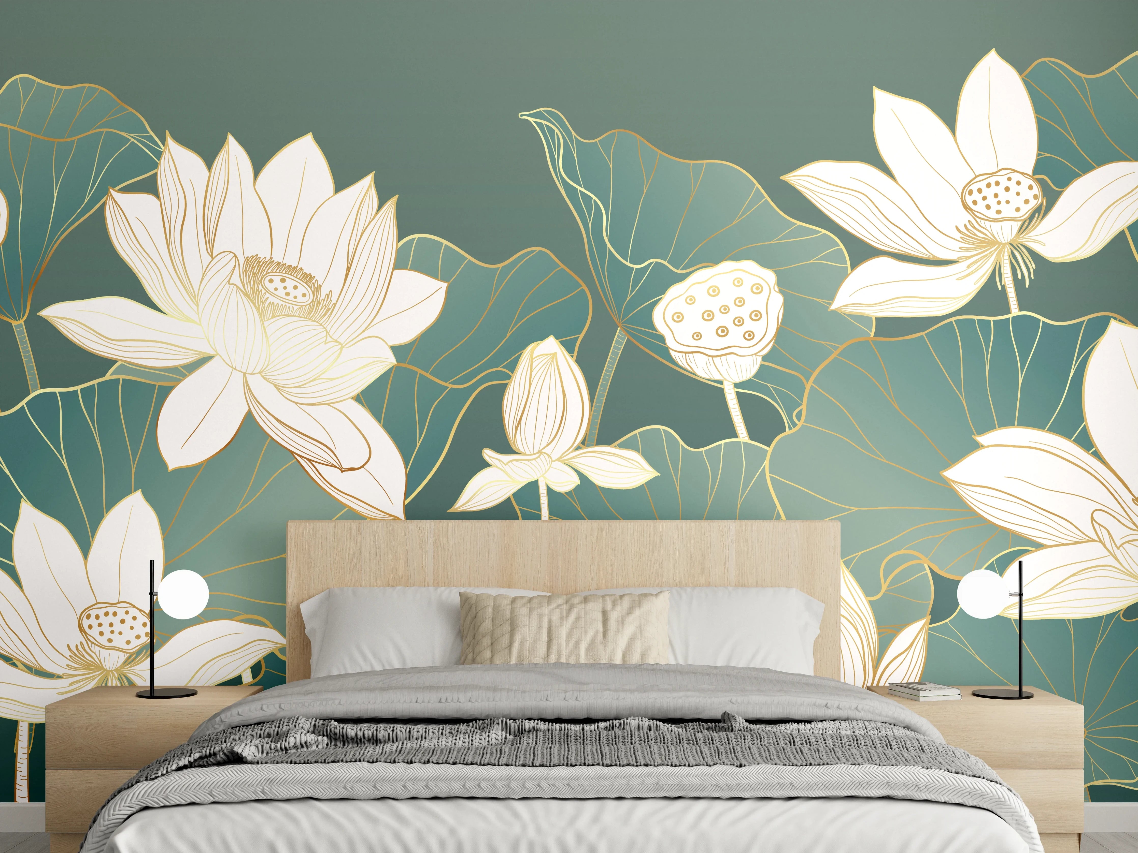 Wandverkleidung Schlafzimmer - Edle Lotusblüten auf Grün – Wandbild