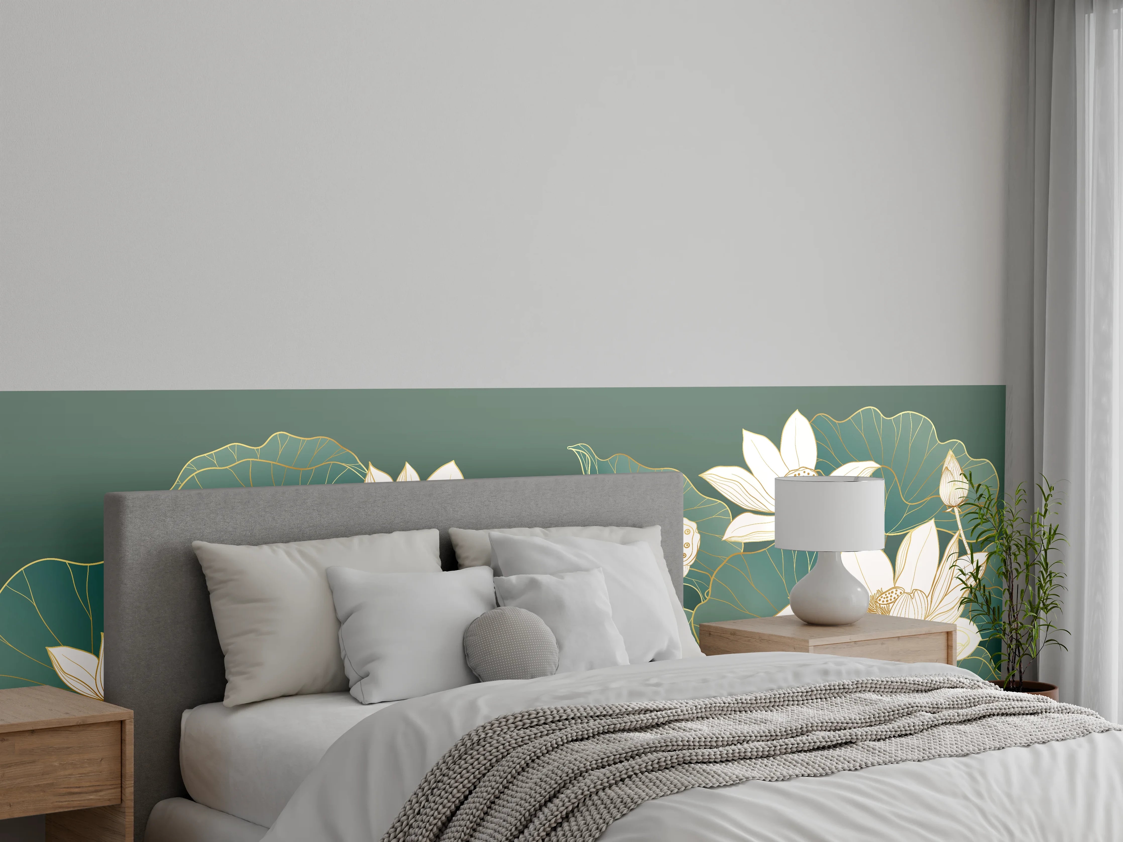 Wandverkleidung Schlafzimmer - Edle Lotusblüten auf Grün – Wandbild