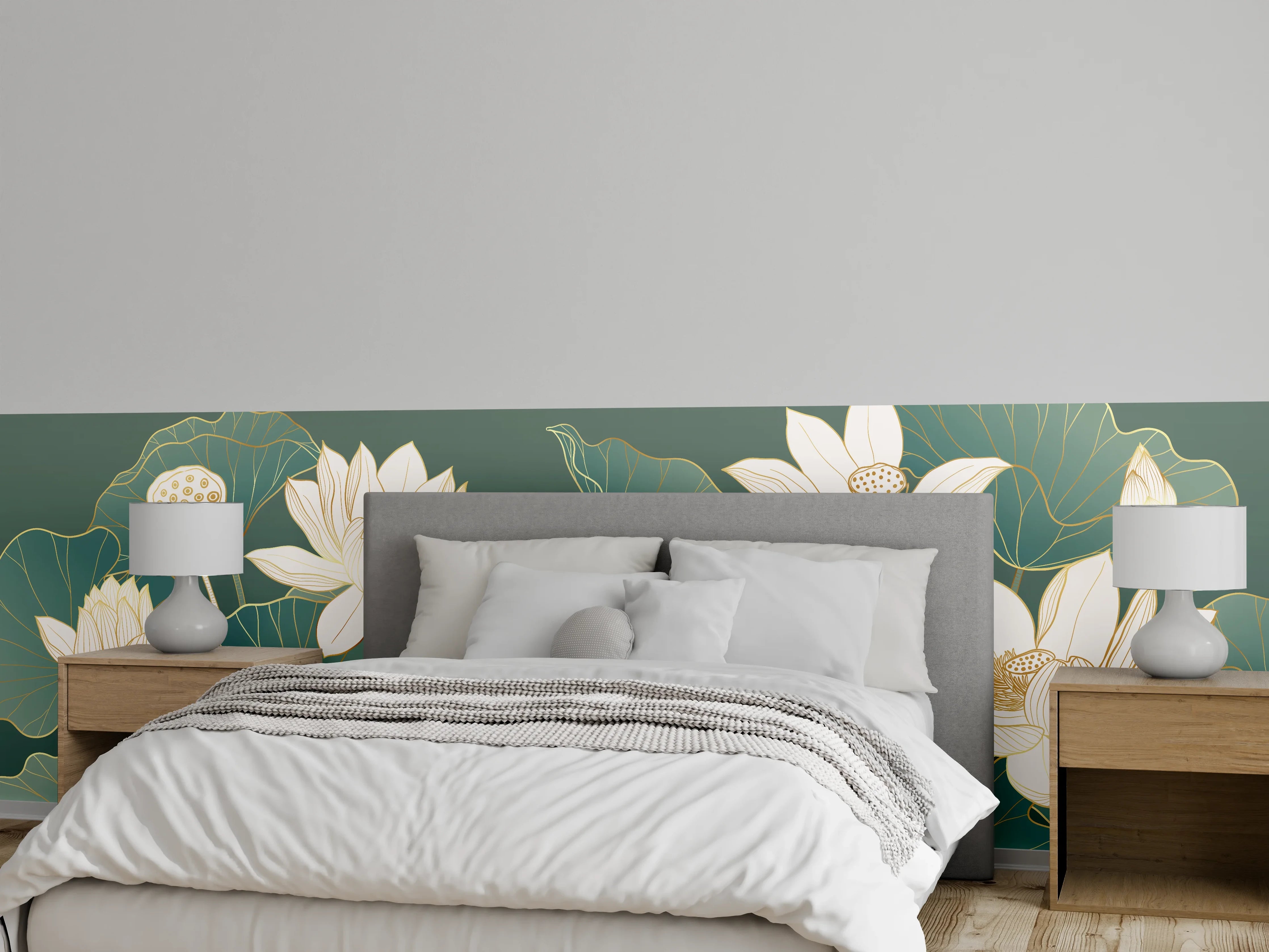Wandverkleidung Schlafzimmer - Edle Lotusblüten auf Grün – Wandbild