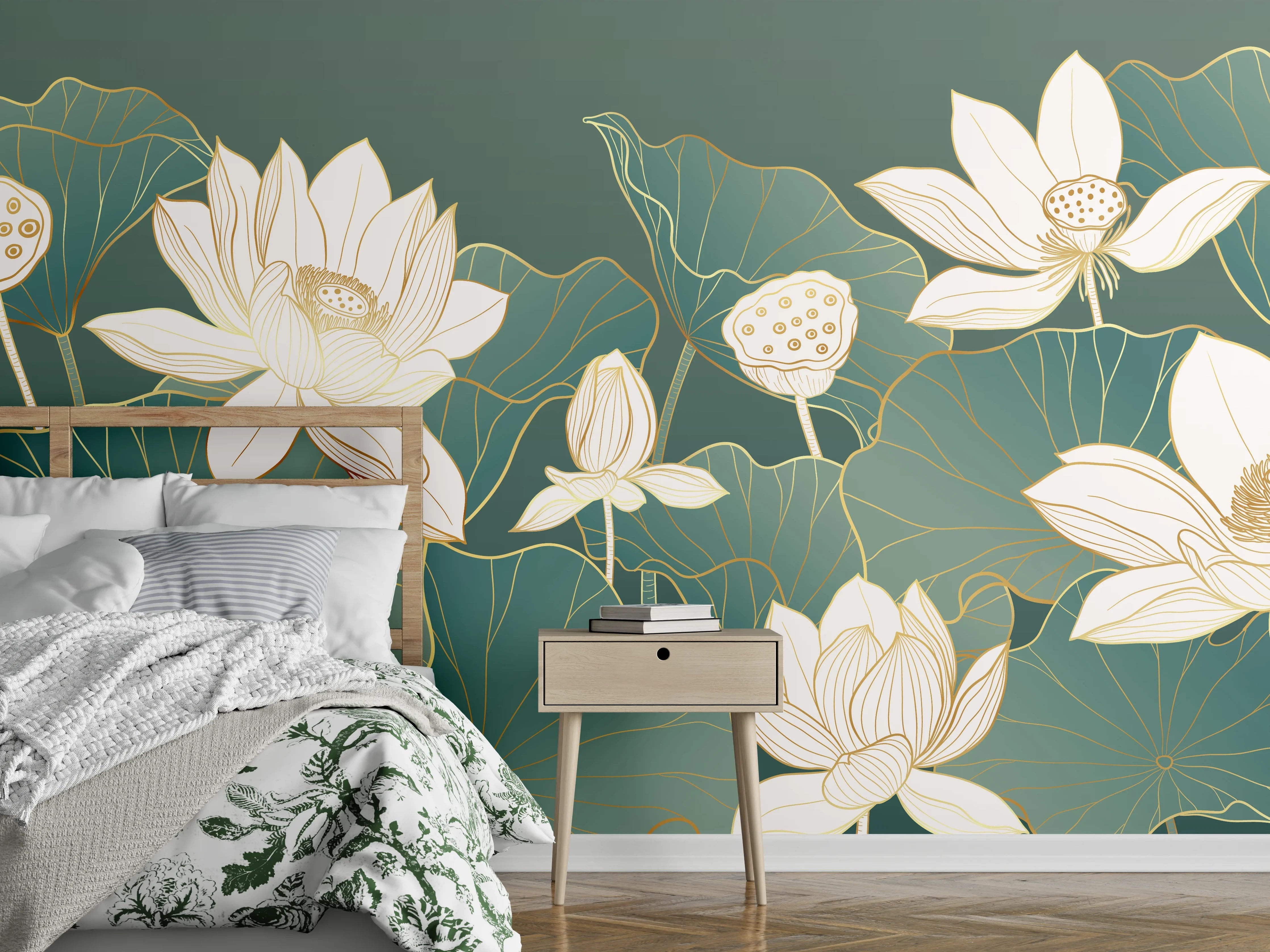 Wandverkleidung Schlafzimmer - Edle Lotusblüten auf Grün – Wandbild