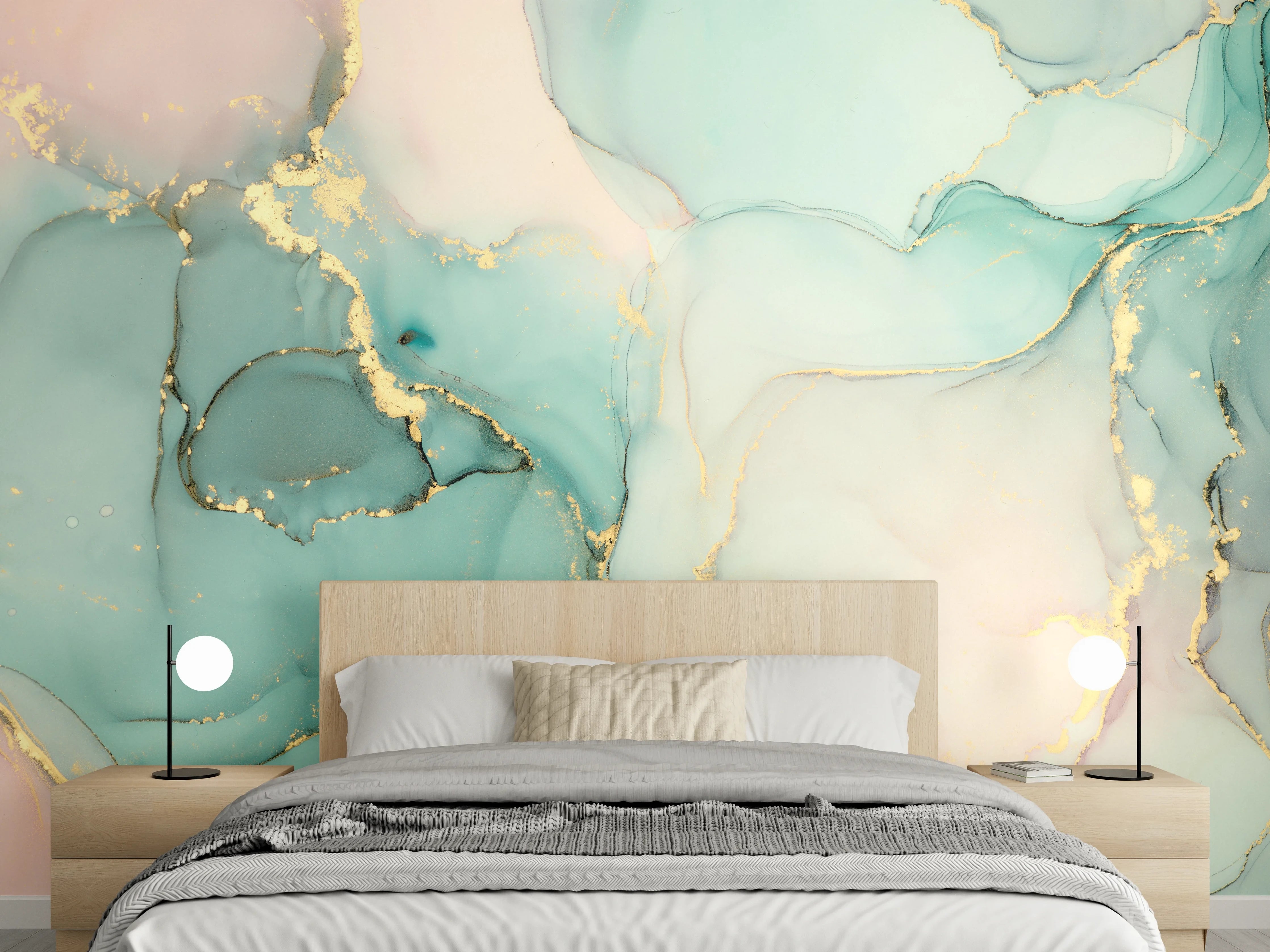 Wandverkleidung Schlafzimmer - Edle Marmoroptik in Türkis und Gold