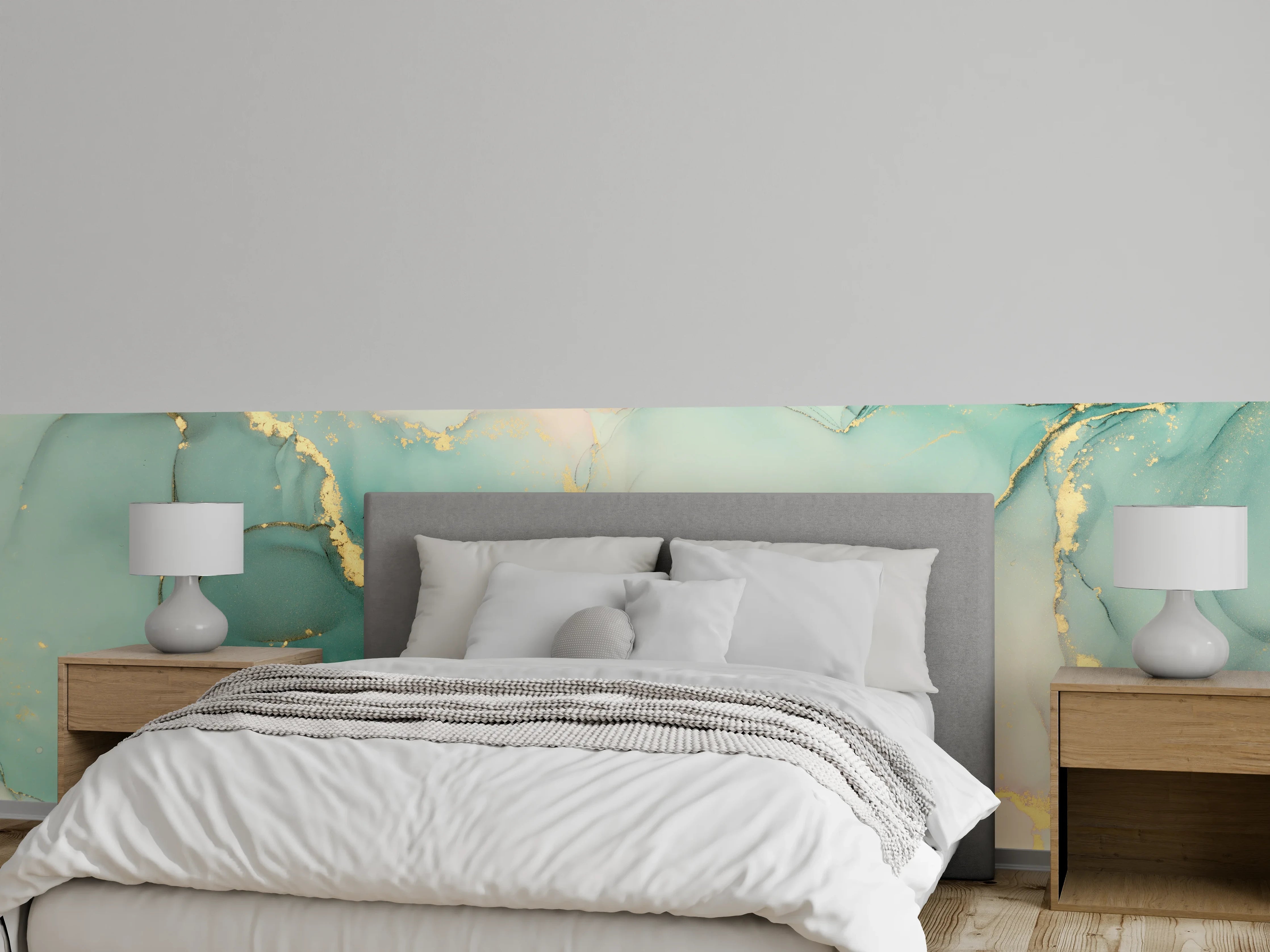Wandverkleidung Schlafzimmer - Edle Marmoroptik in Türkis und Gold