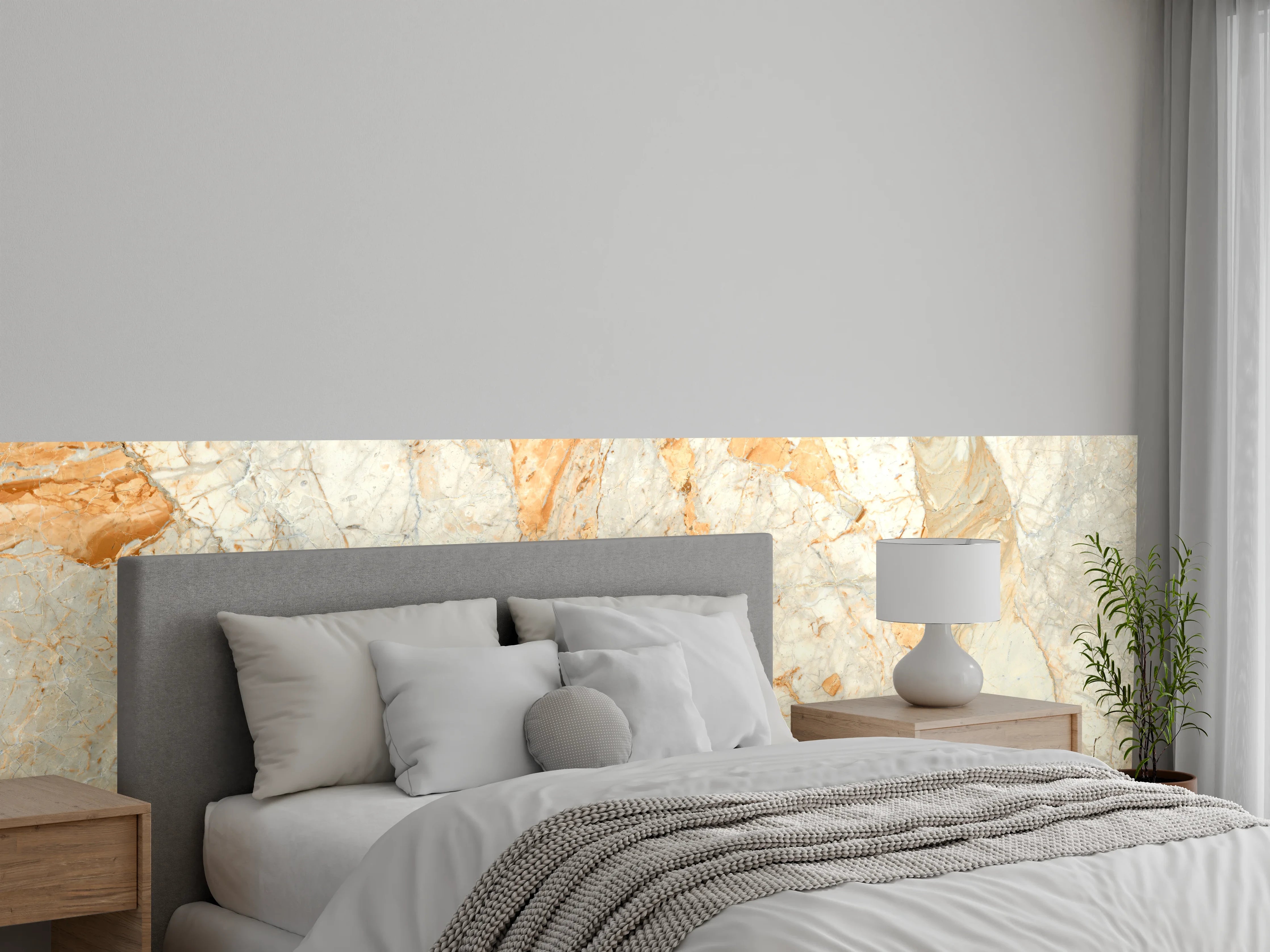 Wandverkleidung Schlafzimmer - Edle Marmoroptik in warmen Weißtönen