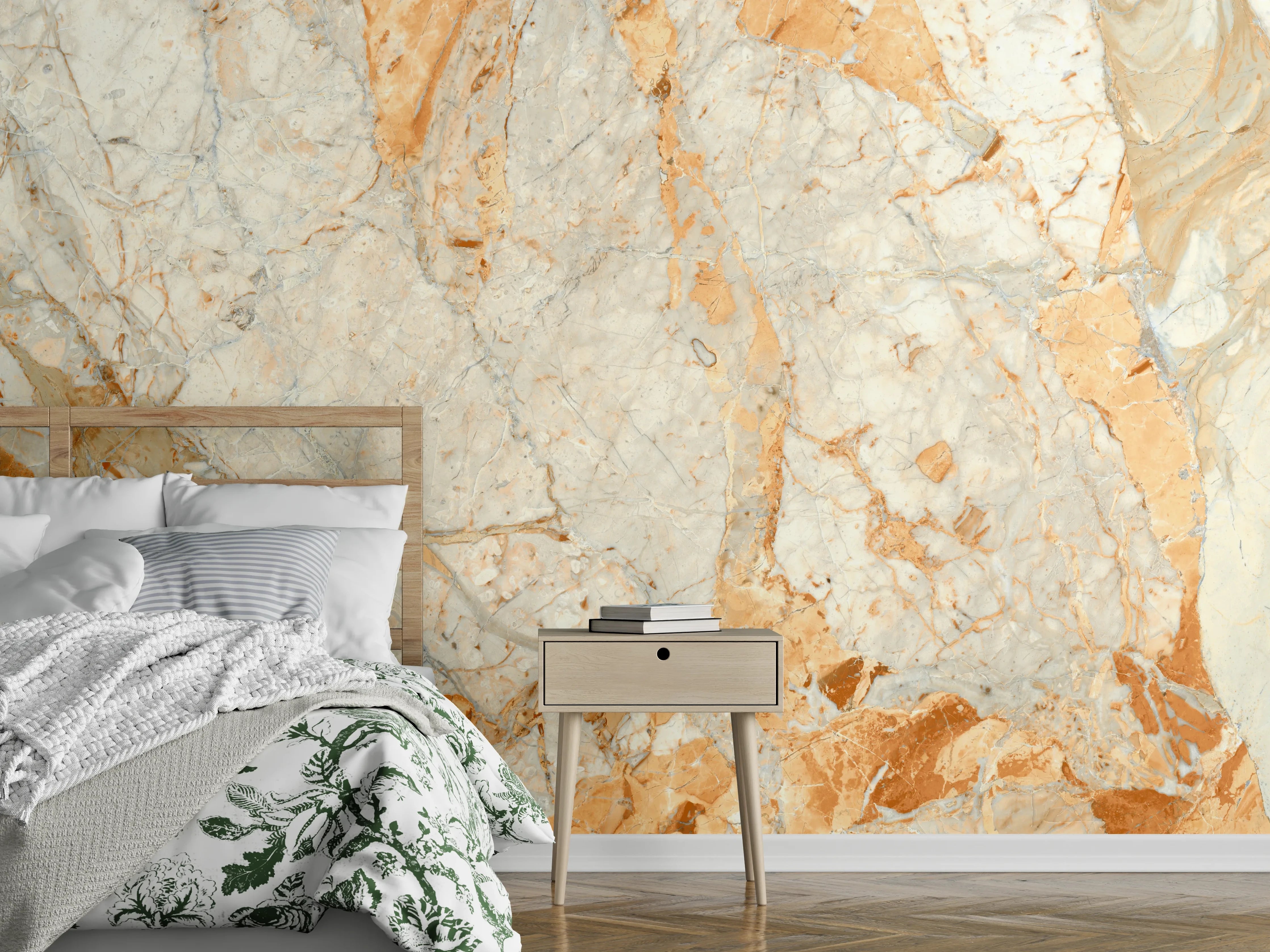 Wandverkleidung Schlafzimmer - Edle Marmoroptik in warmen Weißtönen