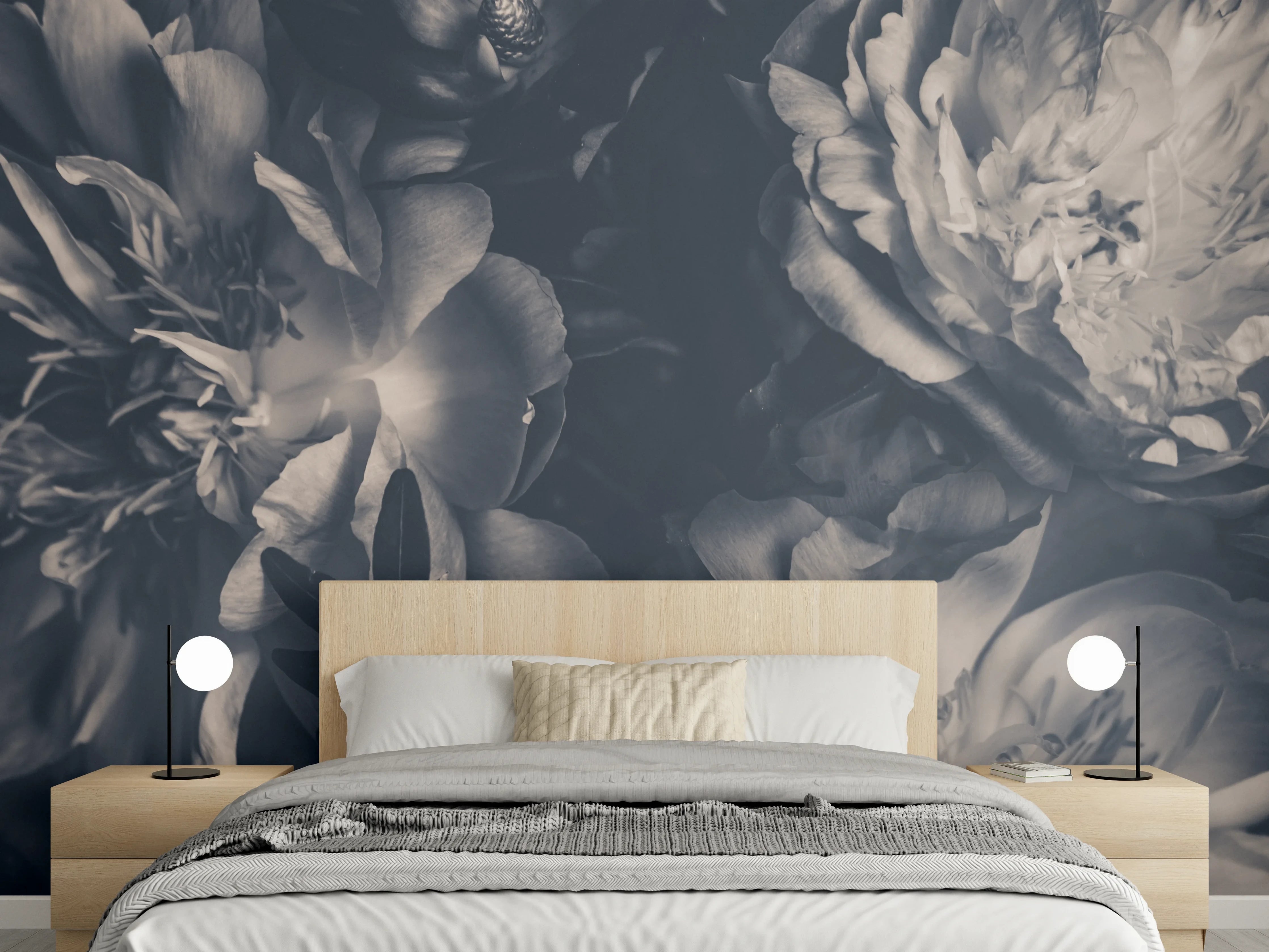Wandverkleidung Schlafzimmer - Edle Schwarz-Weiß Blumen Wanddeko